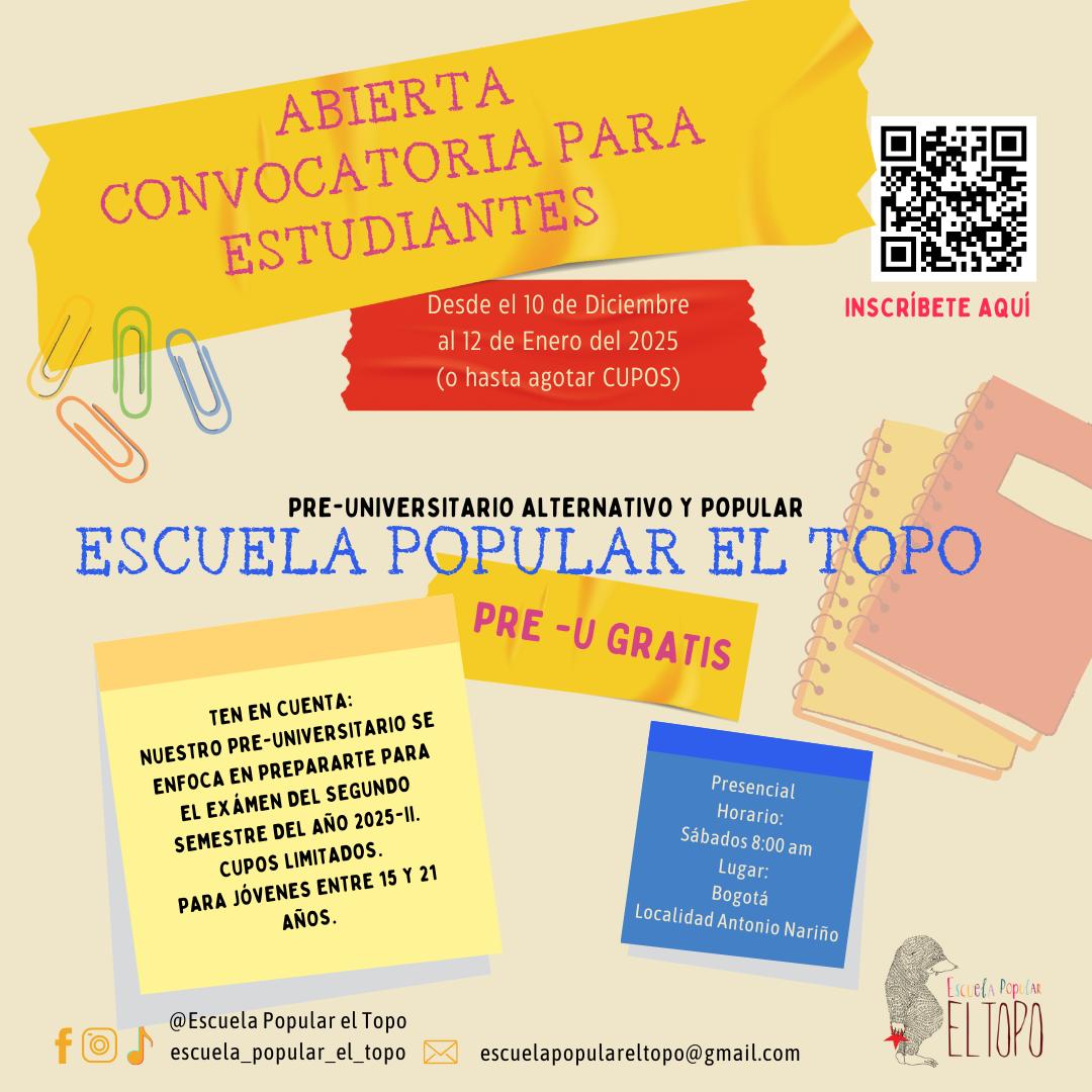 escuelaeltopo's tweet photo. #preunal #preicfes #gratuito #educacionpopular https://t.co/julVsITVKS