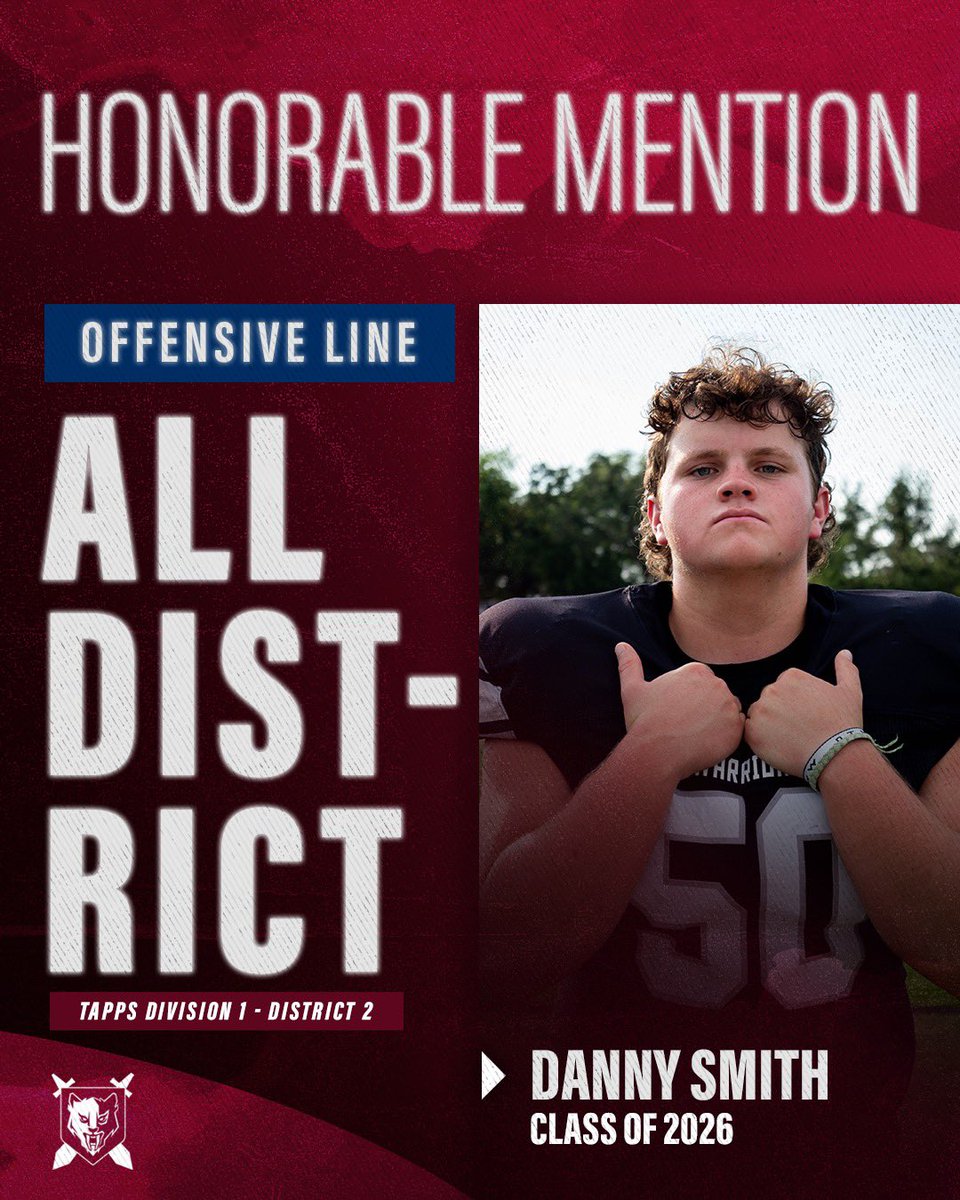 Congratulations to Danny Smith for being awarded TAPPS Division 1 - District 2 Honorable Mention All-District Offensive Line! #SMPFootball #TEAC