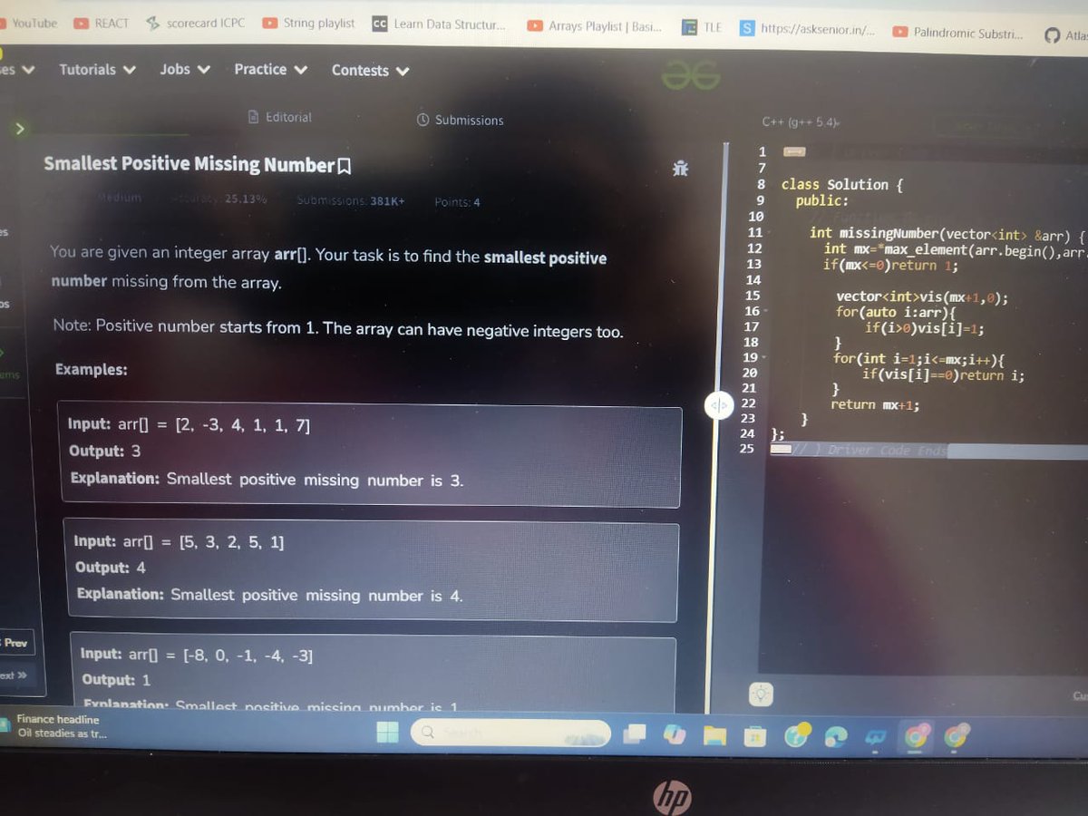 AbhiruchiC23108's tweet image. GFG streak challenge! 🚀 
#Day13 of Gfg Coding Streak!          
🍀Solved the &apos;Smallest Positive Missing Number&apos;🍀 
#gfg160 #gfgGeeksforGeeks #geekstreak2024GeeksforGeeks