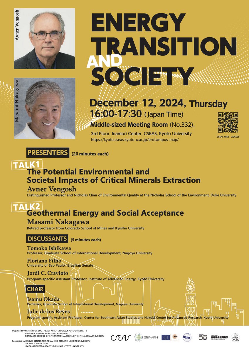 CSEAS Kyoto University 京都大学東南アジア地域研究研究所 (@kucseas) on Twitter photo Join a lecture by Avner Vengosh <a href="/AVengosh/">Avner Vengosh</a> and Masami Nakagawa on Energy Transition and Society on Dec 12. Discussant: Tomoko Ishikawa <a href="/NagoyaUniv/">Nagoya University</a>, Floriano Filho, Jordi C. Cravioto <a href="/IAE_KU/">京都大学エネルギー理工学研究所</a>. Chair: Isamu Okada <a href="/NagoyaUniv/">Nagoya University</a>, Julie de los Reyes <a href="/jtdelosreyes/">Julie de los Reyes</a>: kyoto.cseas.kyoto-u.ac.jp/en/event/20241… Join a lecture by Avner Vengosh <a href="/AVengosh/">Avner Vengosh</a> and Masami Nakagawa on Energy Transition and Society on Dec 12. Discussant: Tomoko Ishikawa <a href="/NagoyaUniv/">Nagoya University</a>, Floriano Filho, Jordi C. Cravioto <a href="/IAE_KU/">京都大学エネルギー理工学研究所</a>. Chair: Isamu Okada <a href="/NagoyaUniv/">Nagoya University</a>, Julie de los Reyes <a href="/jtdelosreyes/">Julie de los Reyes</a>: kyoto.cseas.kyoto-u.ac.jp/en/event/20241…
