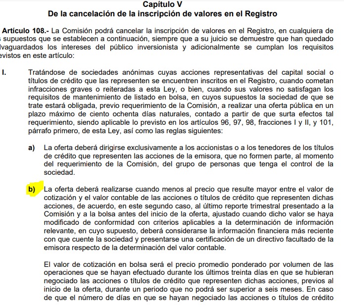 eandresquintero's tweet photo. @LordGiustiniani @InversionistaM1 Si se aprueba la OPA, el precio por acción ofrecido debe ser el mayor entre el promedio de cotización ponderado de los últimos 30d y el valor contable por acción de la empresa. Según el reporte financiero del último trimestre el valor contable sería de MXN$419/acción https://t.co/7lTDF4FjI0