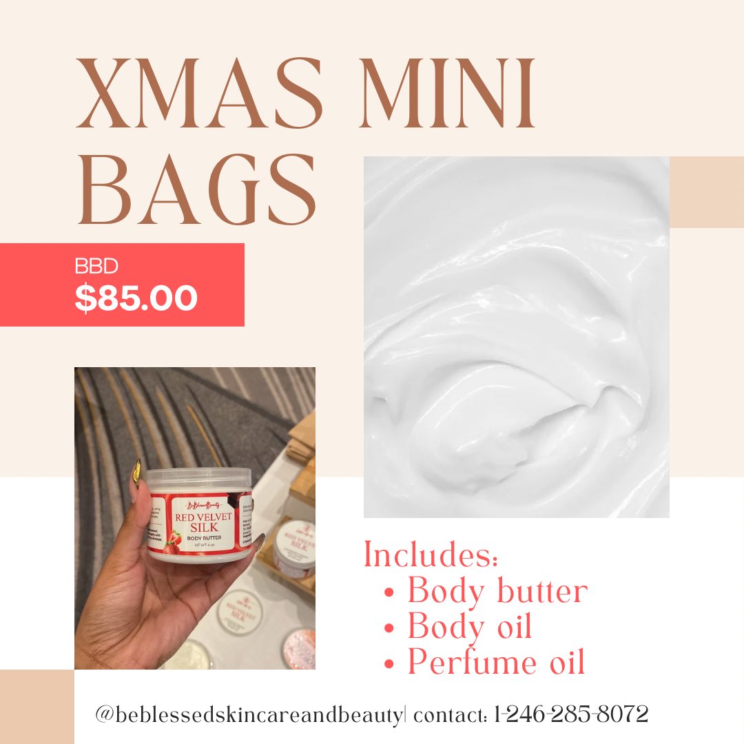 We have a limited amount of Xmas mini bags in our Red Velvet Silk scent!! 

Contact via WhatsApp: 1-246-285-8072 to grab yours before they are gone 🎄🤩