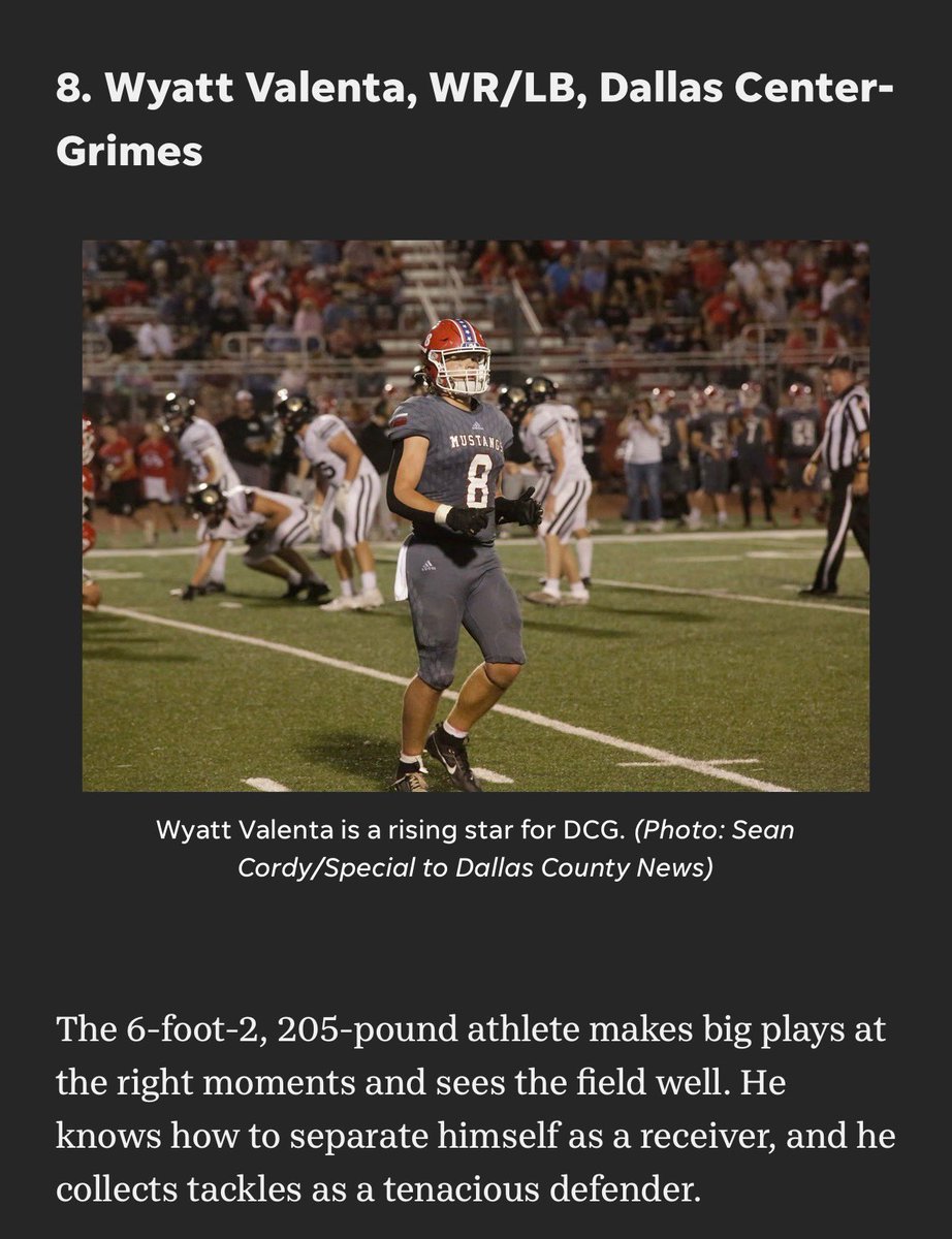 Wyatt Valenta (2027)(WR/LB) (@wyattvalenta27) on Twitter photo Thank you <a href="/DMRegister/">Des Moines Register</a> for ranking me #8 player in the class of 2027!
<a href="/DMRsports/">DM Register Sports</a> <a href="/CoachBBecker/">Brett Becker</a> <a href="/CoachHeitland/">Scott Heitland</a> <a href="/CoachGrothoff/">Dustin Grothoff</a> <a href="/innov8ivebyRyan/">Ryan Smith</a> <a href="/dcgfootball/">DCG FOOTBALL</a> Thank you <a href="/DMRegister/">Des Moines Register</a> for ranking me #8 player in the class of 2027!
<a href="/DMRsports/">DM Register Sports</a> <a href="/CoachBBecker/">Brett Becker</a> <a href="/CoachHeitland/">Scott Heitland</a> <a href="/CoachGrothoff/">Dustin Grothoff</a> <a href="/innov8ivebyRyan/">Ryan Smith</a> <a href="/dcgfootball/">DCG FOOTBALL</a>