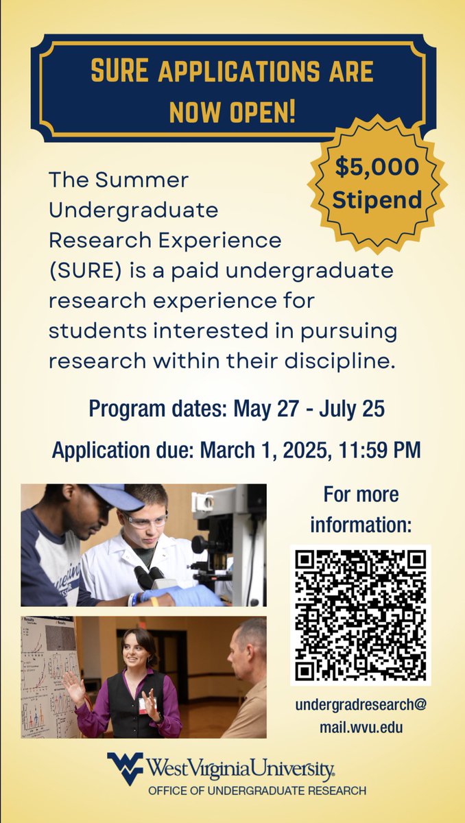 Applications are now open for SURE 2025! 
undergraduateresearch.wvu.edu/research-oppor…