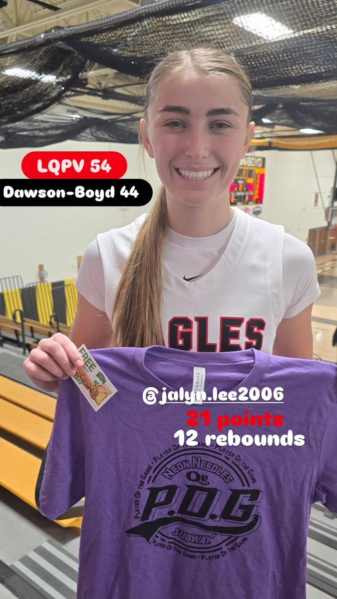 pcraymo's tweet photo. Jalyn Lee is the Neon Needles Subway Player of the Game. Lee had 21 pts, 12 rebounds and 4 blocks in a 54-44 win over Dawson-Boyd.  #klqp https://t.co/7y2t1uXblV
