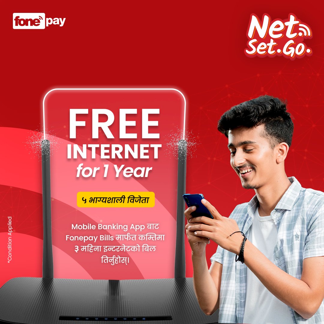 𝗙𝗥𝗘𝗘 𝗜𝗡𝗧𝗘𝗥𝗡𝗘𝗧 𝗙𝗢𝗥 𝟭 𝗬𝗘𝗔𝗥!
1. आफ्नो Mobile Banking App मा login गर्नुहोस्।
2. Fonepay Bills मा गई, Internet सेवामा click गर्नुहोस्।
3. Users name हाली र कम्तीमा 3 महिना को package select गर्नुहोस्।
4. Details राम्ररी हेरी payment गर्नुहोस्।
#NetSetGo