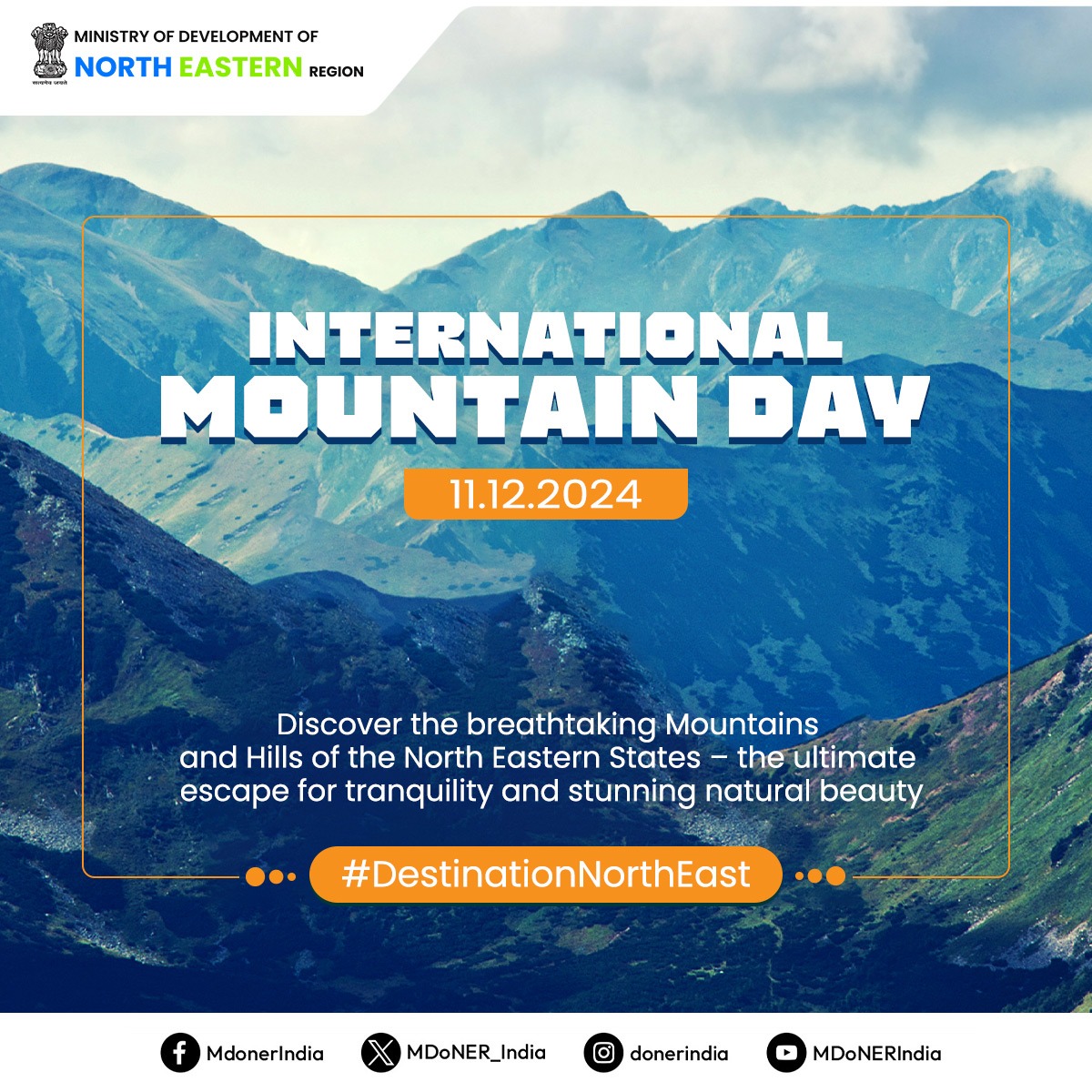 MDoNER_India's tweet photo. This International Mountain Day, discover the North Eastern States' awe-inspiring mountains and verdant hills—a serene haven for peace of mind and breathtaking vistas.
Get ready to explore and let nature revitalize your spirit!
#MDoNERIndia #DestinationNorthEast 🇮🇳#AshtalakshmiMahotsav #NorthEastIndia #NewDelhi