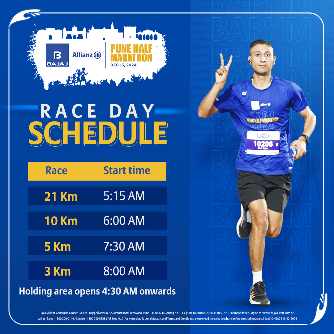 bajajgeneral's tweet photo. It’s go time! Set those alarms and check your reporting times for the big day. 🏃♂️🏃♀
See you at the #HealthKaStartingLine - 5 Days to go!
Bajaj Allianz Pune Half Marathon
Venue: Balewadi Stadium, Mahalunge, Balewadi, Pune
Date: December 15, 2024
#CaringlyYours #ForwardKaroCare #BajajAllianzPuneHalfMarathon #BAPHM #Marathon