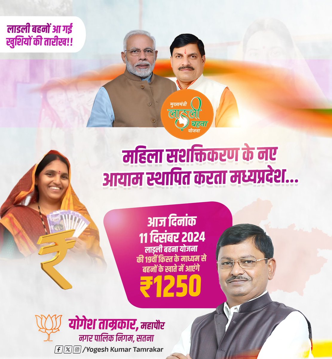 yogeshkumar4bjp's tweet photo. लाडली बहनों आ गई 
खुशियों की तारीख !!

आज दिनांक 11 दिसंबर 2024 को लाड़ली बहना योजना की 19वीं किस्त के माध्यम से बहनों के खाते में आएंगे ₹1250..

@BJP4India @BJP4MP https://t.co/RMgusPSdSE