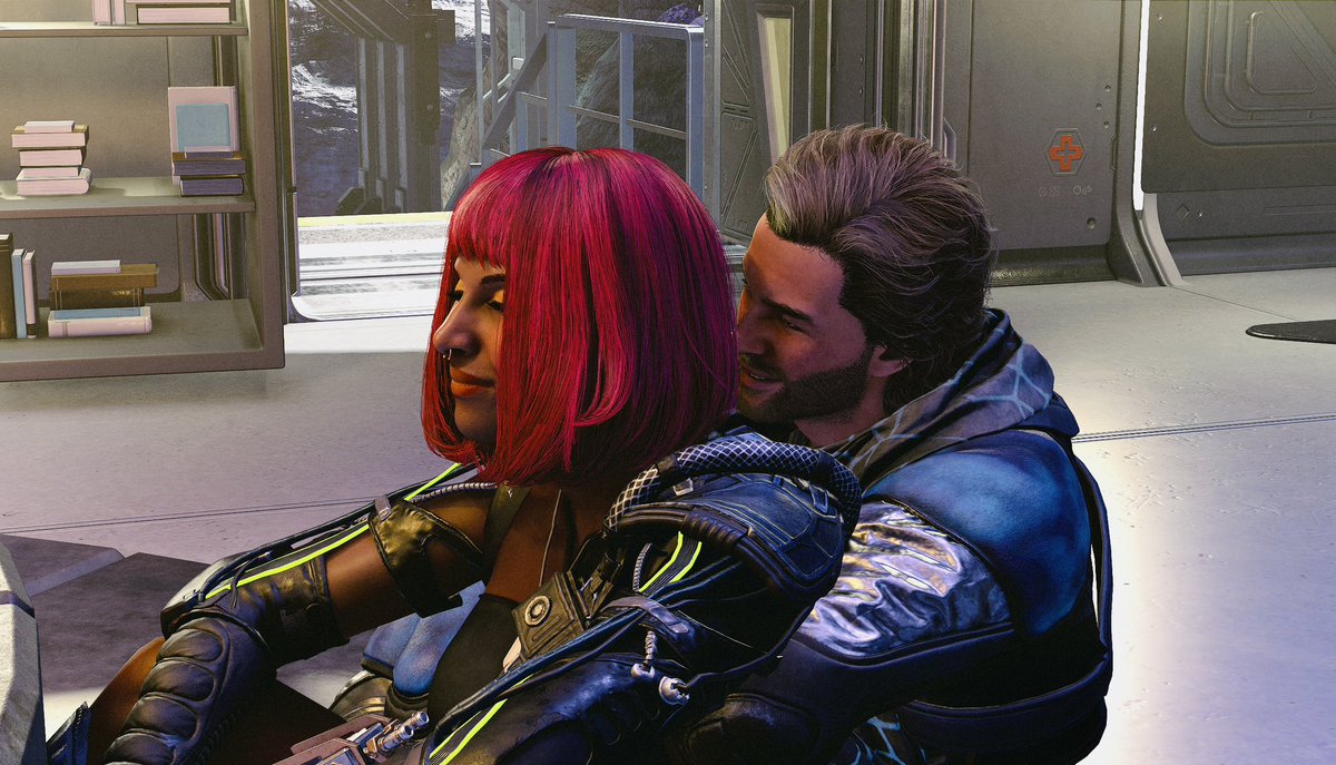 LisaAndres_'s tweet photo. It’s #SpaceFrogTuesday and I may have said it elsewhere 😉 but my “special someone” (this week’s theme) in #Starfield will always be #SamCoe, no hat. Here are some of our adventures on Va’ruun’kai in #ShatteredSpace, still keeping it cozy. 🥰 https://t.co/AmZ5L6rlX3