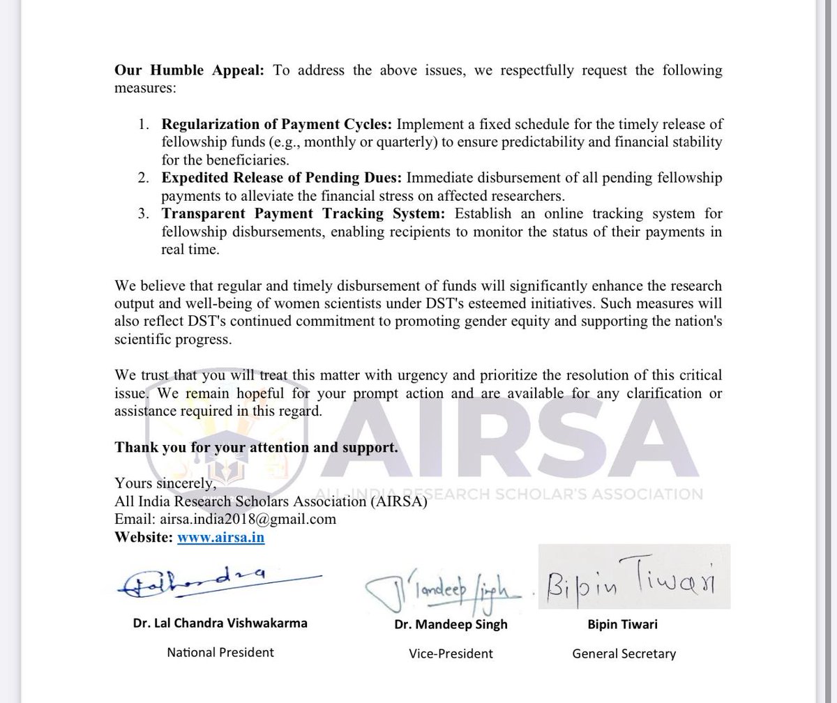 All India Research Scholars Association (@airsaindia) on Twitter photo Despite several months of persistent requests, DST Women Scientists are still waiting for a response from the DST office. Their plea remains unheard. youtu.be/6dzkbDCxrJA?fe…
#DSTWomenScientists
#SupportResearchers
<a href="/IndiaDST/">DSTIndia</a> <a href="/karandi65/">Abhay Karandikar</a> <a href="/IndianExpress/">The Indian Express</a> <a href="/the_hindu/">The Hindu</a> <a href="/mridusmita_deka/">Mridusmita Deka</a> Despite several months of persistent requests, DST Women Scientists are still waiting for a response from the DST office. Their plea remains unheard. youtu.be/6dzkbDCxrJA?fe…
#DSTWomenScientists
#SupportResearchers
<a href="/IndiaDST/">DSTIndia</a> <a href="/karandi65/">Abhay Karandikar</a> <a href="/IndianExpress/">The Indian Express</a> <a href="/the_hindu/">The Hindu</a> <a href="/mridusmita_deka/">Mridusmita Deka</a>