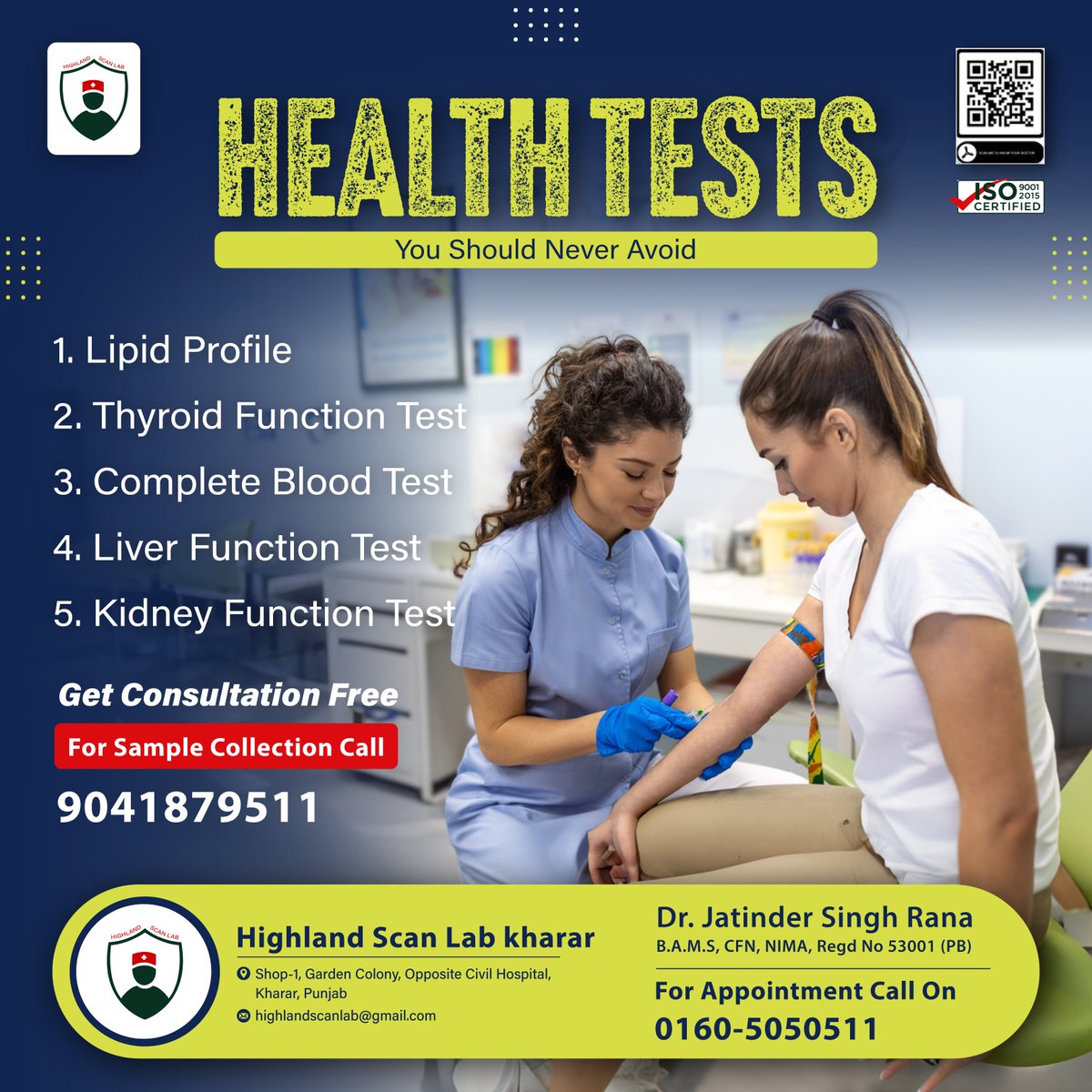 HighlandScanLab's tweet photo. Don't compromise on your #Health! #RegularCheckUps and essential #HealthTests can help detect issues early, ensuring #TimelyTreatment and better outcomes. Stay proactive with #HighlandScanLab.
.
#EarlyDetection #MedicalDiagnostics #DrJatinderSingh #Kharar #BestLab #BloodTests https://t.co/UDtzJq8SMJ