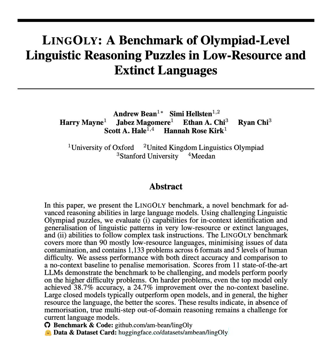 Harry Mayne (@harrymayne5) on Twitter photo 🟢LingOly: A Benchmark of Olympiad-Level Linguistic Reasoning Puzzles in Low-Resource and Extinct Languages
Oral Session 4A, Thursday 15:30-16:30
TLDR: We construct a hard reasoning eval that controls for memorisation using low-resource languages.
Work led by <a href="/andrew_m_bean/">Andrew Bean</a> 🟢LingOly: A Benchmark of Olympiad-Level Linguistic Reasoning Puzzles in Low-Resource and Extinct Languages
Oral Session 4A, Thursday 15:30-16:30
TLDR: We construct a hard reasoning eval that controls for memorisation using low-resource languages.
Work led by <a href="/andrew_m_bean/">Andrew Bean</a>