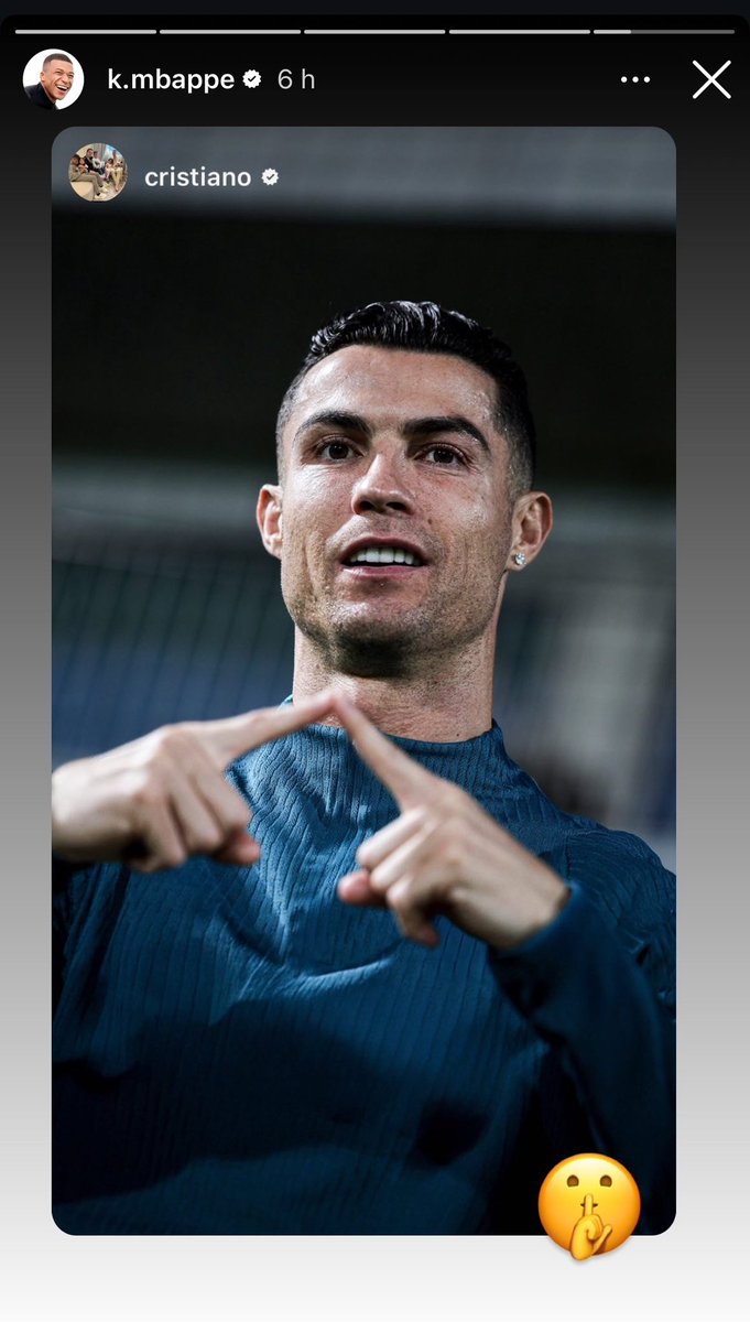 « 🤫 »

La story de Cristiano Ronaldo repost par Kylian Mbappé sur Instagram. 📲

Des célébrités proches de Cristiano Ronaldo ont fait de même comme Anthony Joshua, Djokovic, Garnacho, Ferdinand, Marcelo, De Gea… 👀