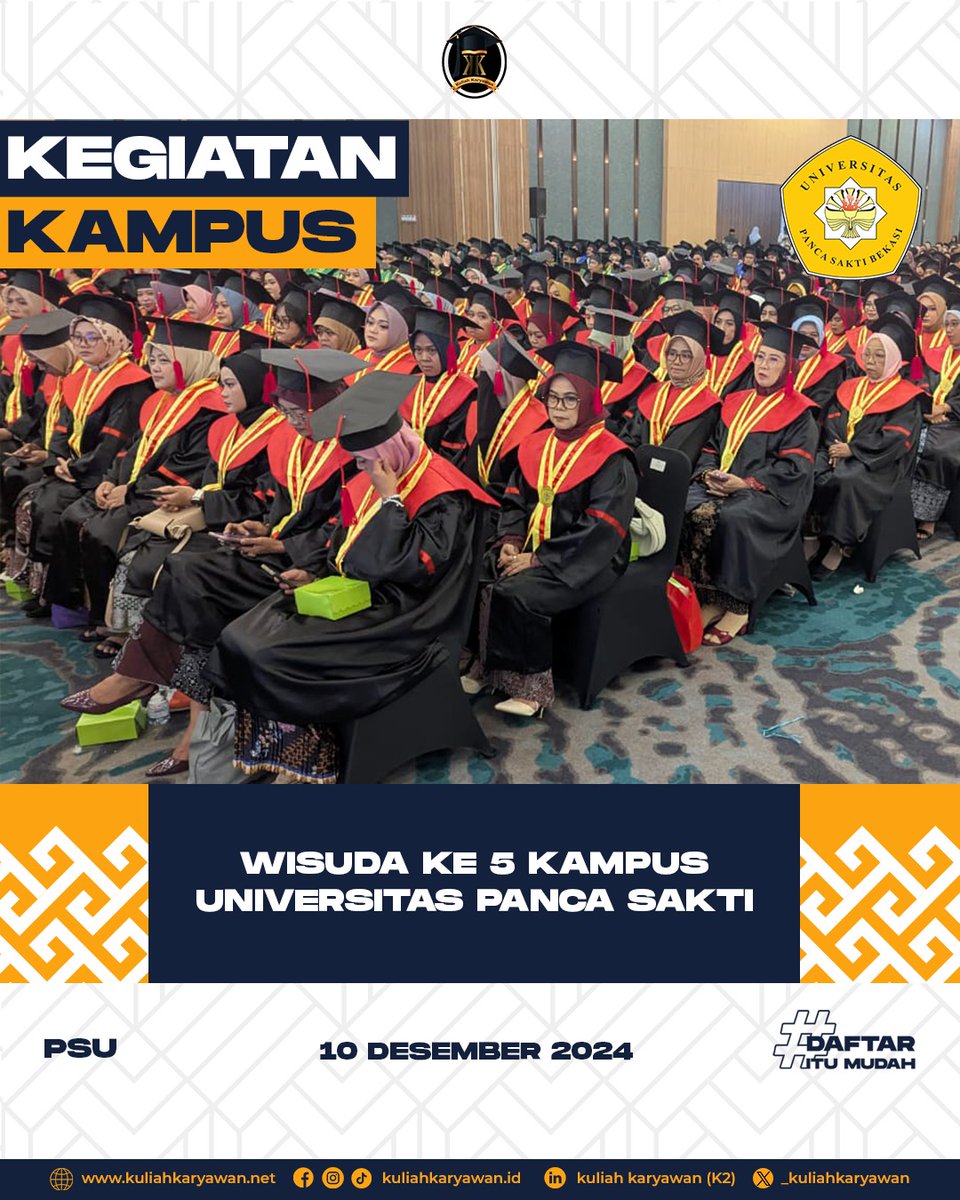 _kuliahkaryawan's tweet photo. WISUDA KE 5 KAMPUS UNIVERSITAS PANCA SAKTI
Program Studi :
S1 Pendidikan PAUD
S1 Pendidikan Ekonomi
S1 Pendidikan Bahasa Inggris
S1 Akuntansi
S1 Manajemen
S1 Sistem Informasi
S1 Teknik Informatika

Info Pendaftaran Online :
https://t.co/TCQ9vUqbHL 

#wisuda #wisuda2024 #kuliah https://t.co/a0vnSA5IsN