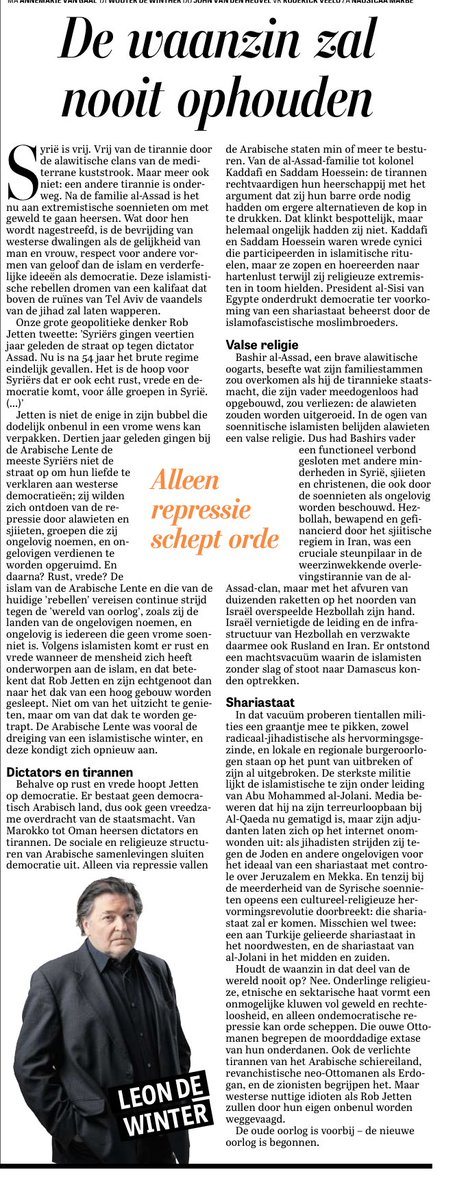 Idioten als Rob Jetten zullen door hun eigen onbenul worden weggevaagd, aldus ⁦<a href="/LeondeWinter4/">Leon de Winter</a>⁩ in ⁦<a href="/telegraaf/">De Telegraaf</a>⁩ #Assad #D66