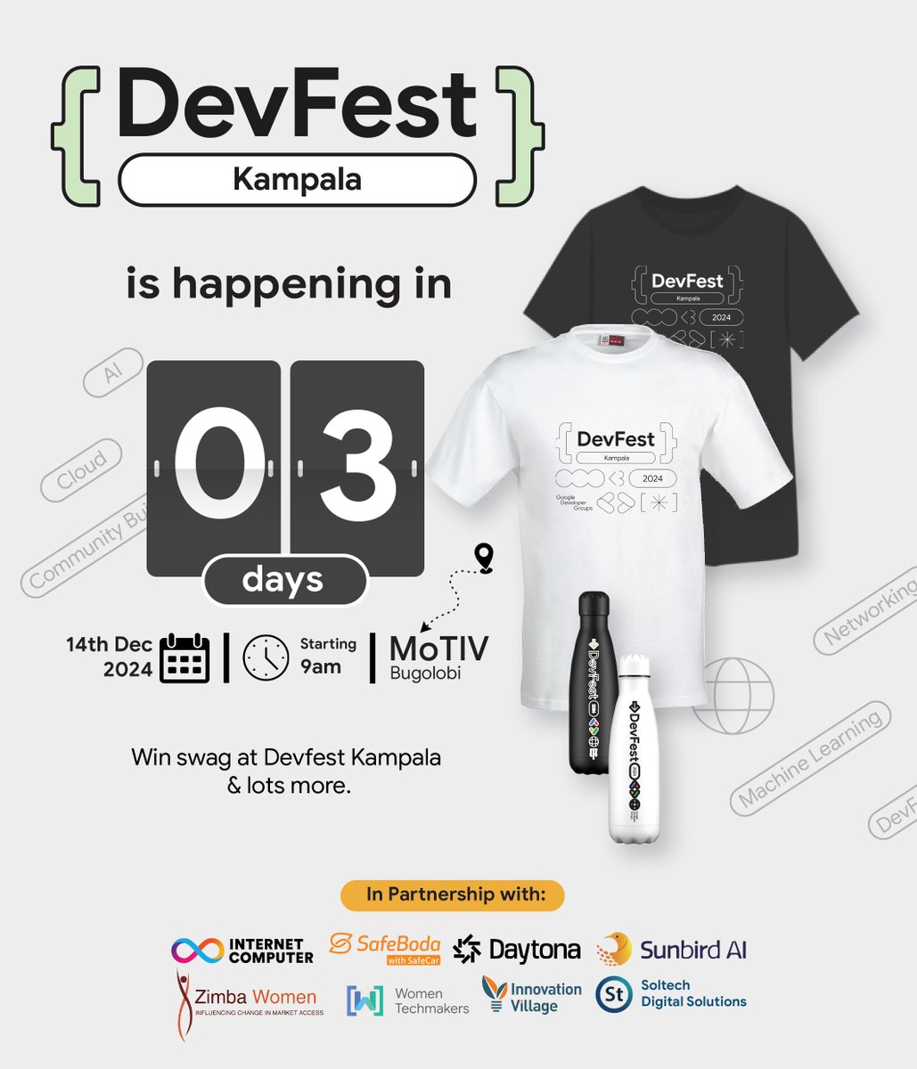 🚀 The countdown continues! Only 3 Days to go until DevFest Kampala 2024!

📅 Date: 14th December 2024
📍 Venue: <a href="/MotivUG/">MOTIV</a> , Bugolobi
⏰ Time: Starting at 9am

Don’t miss out on the chance to win exciting swag &amp; much more!🎟️ Secure your spot: bit.ly/devfest-kla

#Devfest2024