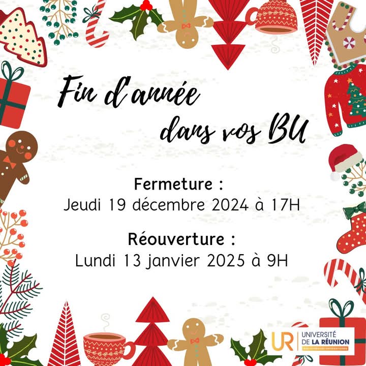 ⚠ Vos BU pendant les vacances d'été austral ⚠ 

🔐 BU fermées du 20/12 au 12/01 inclus.
Comme les campus, les bibliothèques ferment leurs portes jeudi 19 décembre à 17h.
🚛 Dernière navette : lundi 16 décembre (jeudi 12 décembre pour l'IAE et la Résidence).