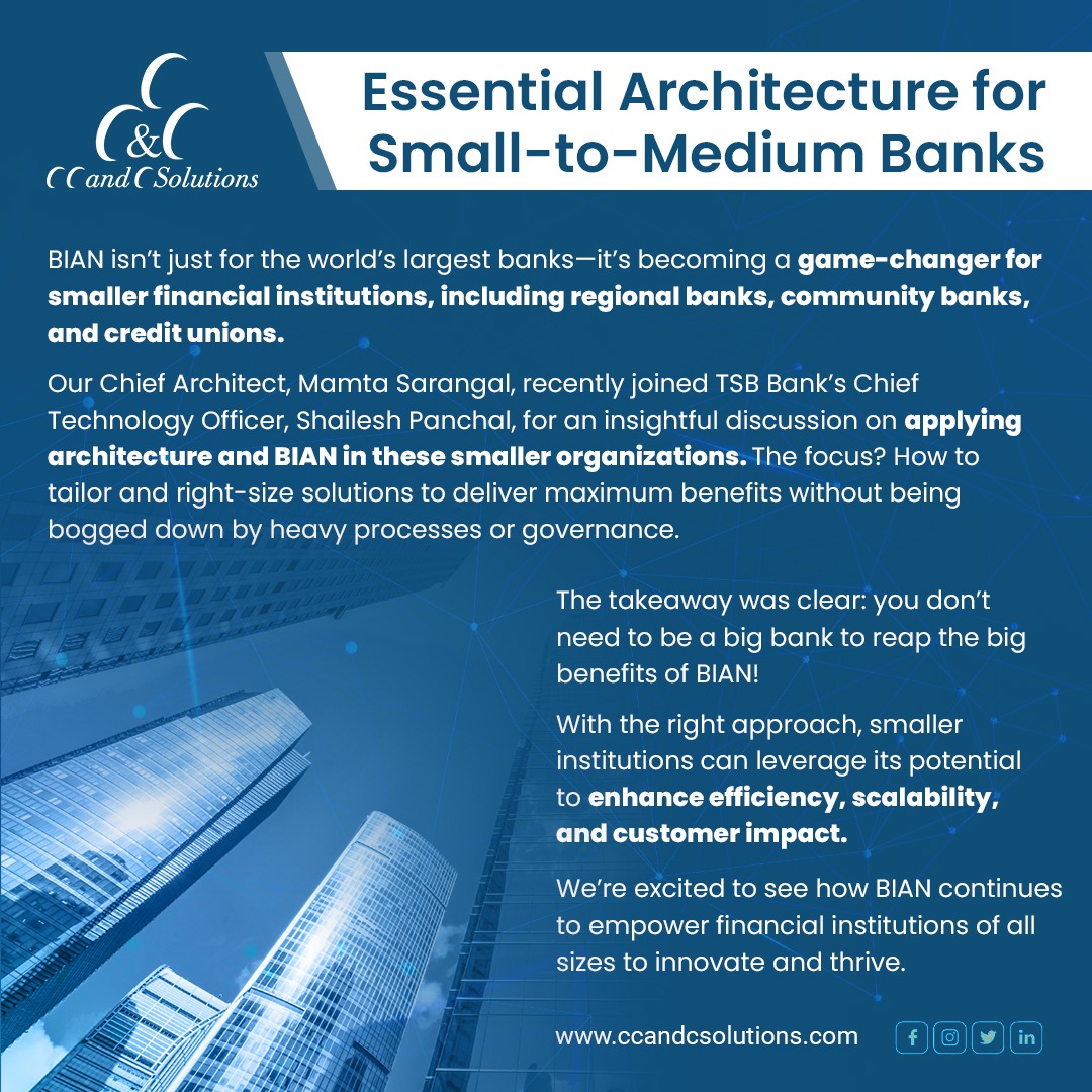 ccandcsolutions's tweet image. Essential Architecture for Small-to-Medium Banks
BIAN isn’t just for the world’s largest banks—it’s becoming a game-changer for smaller financial institutions.
For more details :ccandcsolutions.com
#BIAN #FinancialInnovation #SmallBanks #ArchitectureSolutions #CCandCSolutions