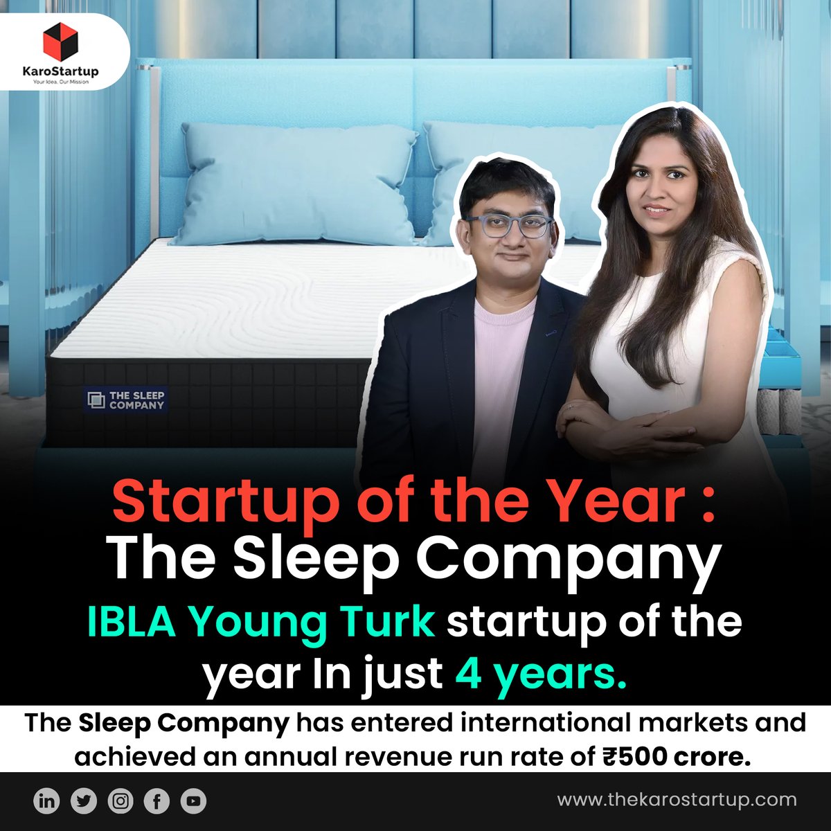 karo_startup's tweet photo. TheSleepCompany wins Young Turk Startup of the Year at #IBLA2024! From redefining comfort tech to a ₹500 crore revenue run rate, the 2019-founded brand is putting India on the global sleep map.
#StartupSuccess #ComfortTechnology #IndiaInnovation #Entrepreneurship https://t.co/VJpdOUWcr6