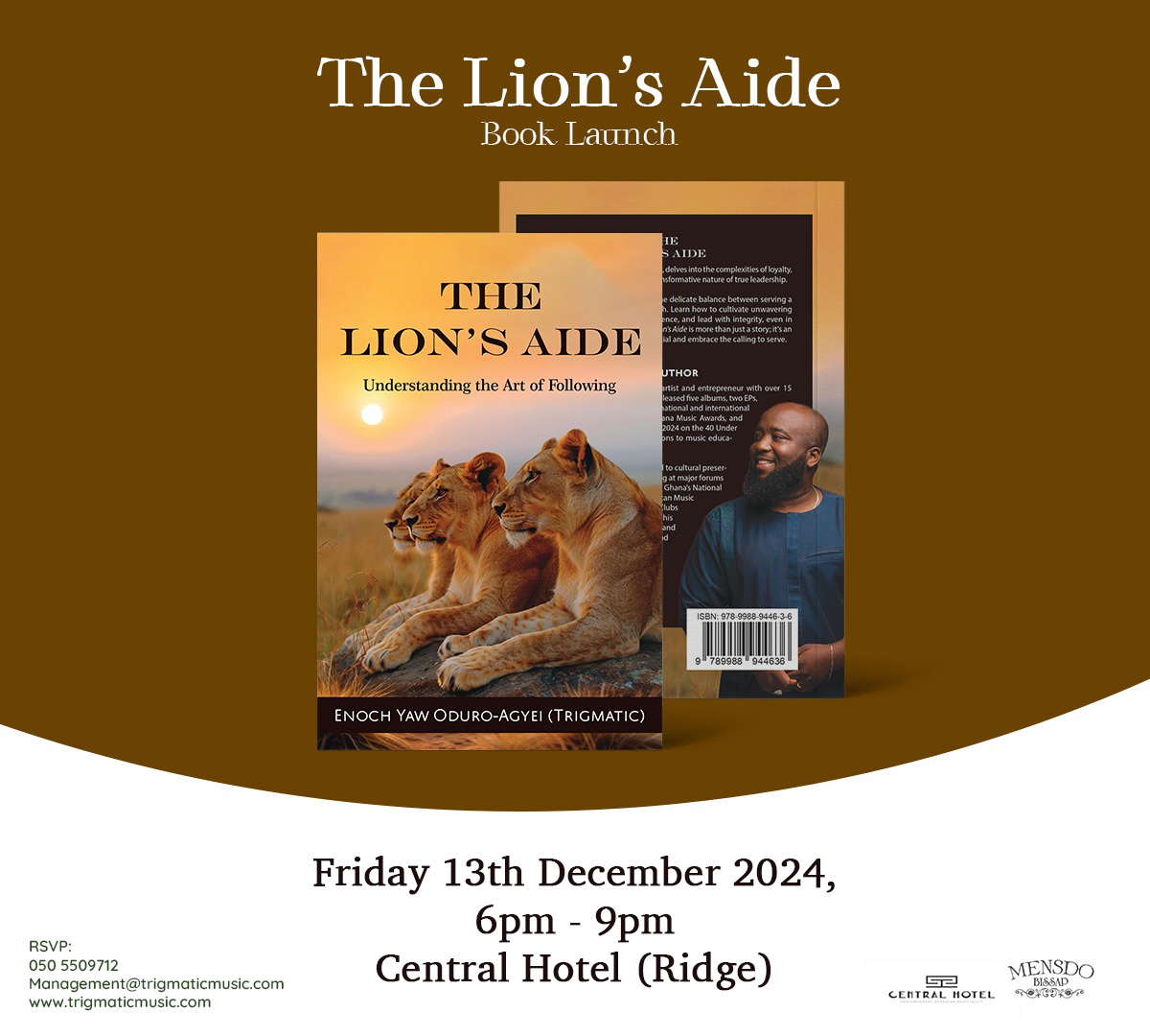 trigmaticrocks's tweet photo. Looking forward to celebrating two key milestones with you this Friday. My 40th birthday and the launch of my new book; The Lion’s Aide.
Come through #TheCentralHotel (Ridge) this Friday 13th December at 6pm.
#TheLionsAide #TrigmaticLive
RSVP: 050 550 9712 | https://t.co/bDBAeqc7lf