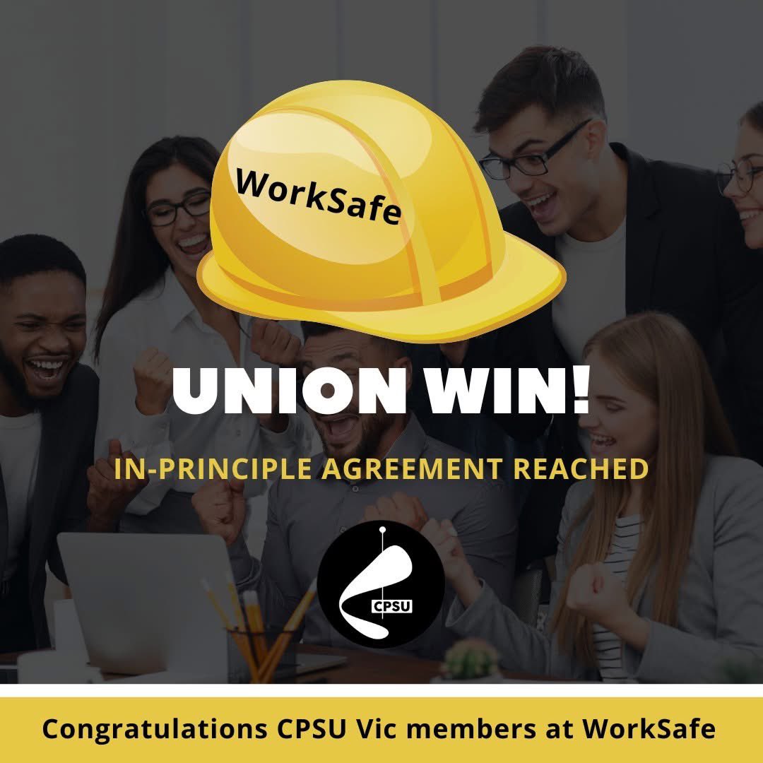 CPSU_Vic's tweet photo. CPSU has secured an in-principle agreement with WorkSafe Victoria on a new enterprise agreement that improves wages, allowances & working conditions. Congratulations CPSU members at WorkSafe! This was only possible through your collective strength & solidarity
#UnionWin #springst https://t.co/riEfEqSJtj