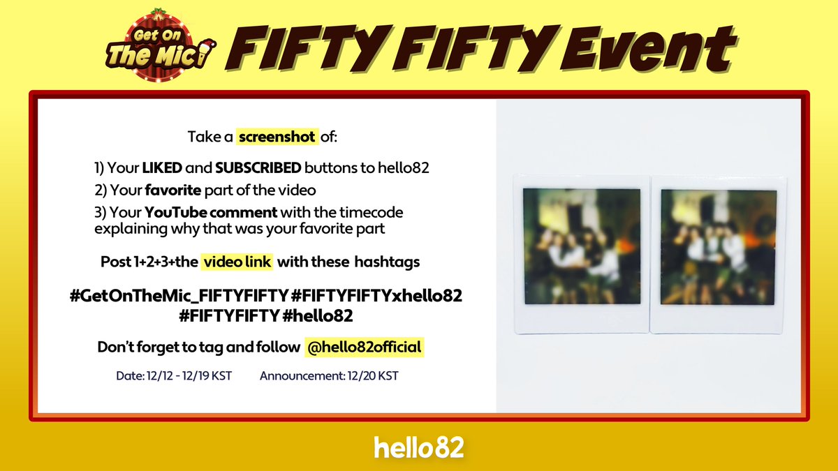 hello82official's tweet photo. 🎁FIFTY FIFTY Signed Polaroid Event🎁
Don't miss out on a chance to win one of these signed Polaroids!
Watch Get On The Mic! w/ @we_fiftyfifty and follow the instructions
🔗https://t.co/A17YBYgS8I
#GetOnTheMic_FIFTYFIFTY #FIFTYFIFTYxhello82 #FIFTYFIFTY #hello82 https://t.co/bqoVMJAJjU