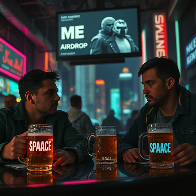 NFTillionaire0's tweet photo. Shared FOMO

In a dimly lit bar, two crypto traders sit apart, gazing forlornly at their beer mugs labeled @spaace_io 

On the TV above, an NFT marketplace boasts its latest airdrop

They glance at each other with knowing looks

Missed again... The silent camaraderie hangs thick https://t.co/fubFiZbV9m
