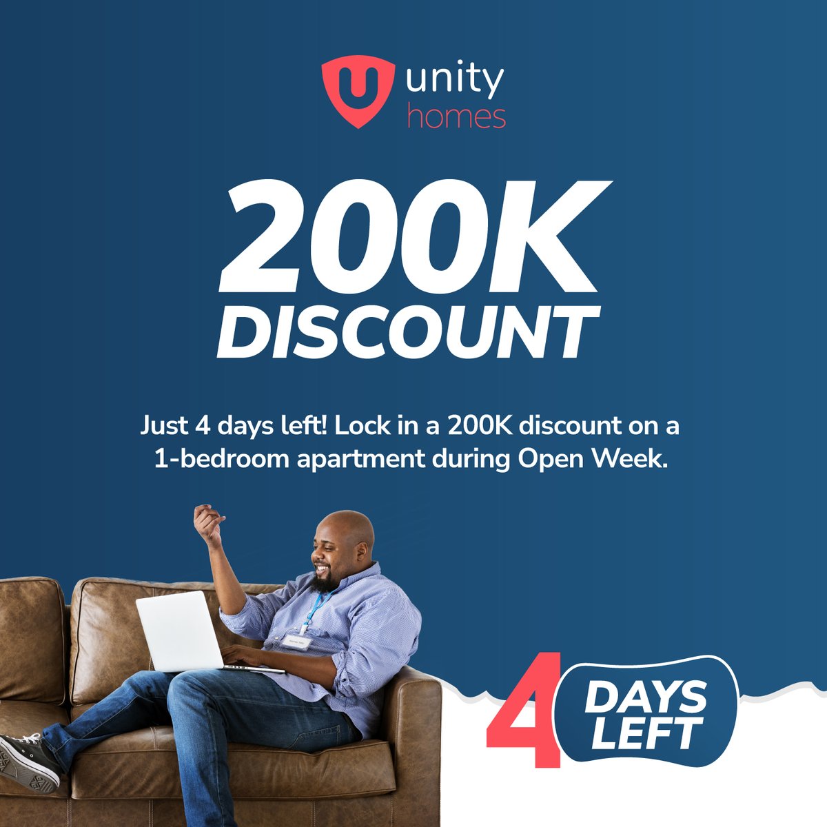 Only 4 days left to save big and lock in an incredible KSh 200K discount on our fast-selling 1-bedroom apartments! 

Visit us today, take a tour of our stunning apartments, and discover why Unity Homes is the perfect place to call home.

For more info Call/WhatsApp 0701550550