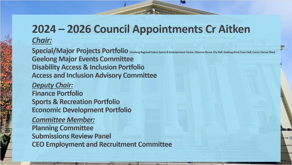 Cr Anthony Aitken (@cranthonyaitken) on Twitter photo The <a href="/GreaterGeelong/">City of Greater Geelong</a> Council has appointed me to the following Committees & Portfolios for 2024 to 2026. I look forward to serving in the many & diverse areas of responsibility. I look forward working with Stakeholders & City Officers to championing Australias best regional City. The <a href="/GreaterGeelong/">City of Greater Geelong</a> Council has appointed me to the following Committees & Portfolios for 2024 to 2026. I look forward to serving in the many & diverse areas of responsibility. I look forward working with Stakeholders & City Officers to championing Australias best regional City.