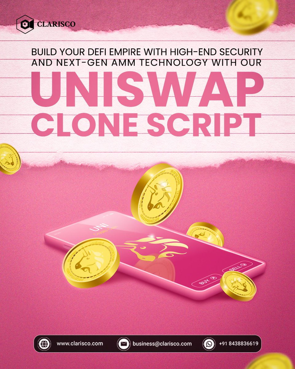 ClariscoSol's tweet photo. Dominate the DeFi Industry with our advanced 'Uniswap Clone Script.' 
https://t.co/XQ7NXjTjkY

#Uniswap #UniswapV3 #SwapTokens #UniswapProtocol #DeFiRevolution #BlockchainTechnology #UniswapTokens #Cryptocurrency #USA #Canada #Germany #Spain #Italy #Brazil #Southkorea #Thailand https://t.co/1qnDKR6Lay
