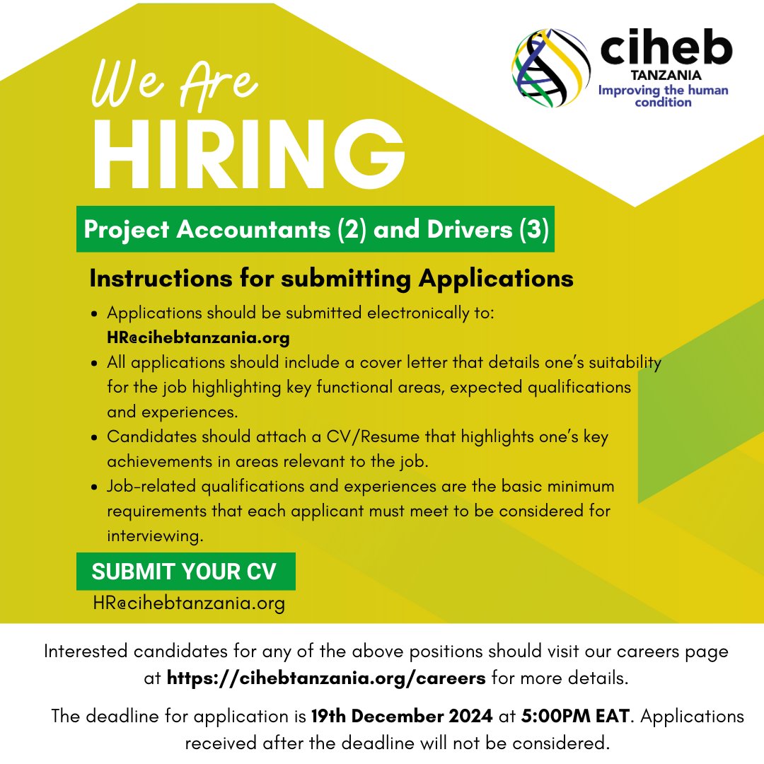 Ciheb Tanzania is inviting all qualified and competent candidates to join our versatile team. Visit our careers' page at cihebtanzania.org/careers for job descriptions and application instructions of the advertised positions.
#CihebTanzania #ImprovingtheHumanCondition