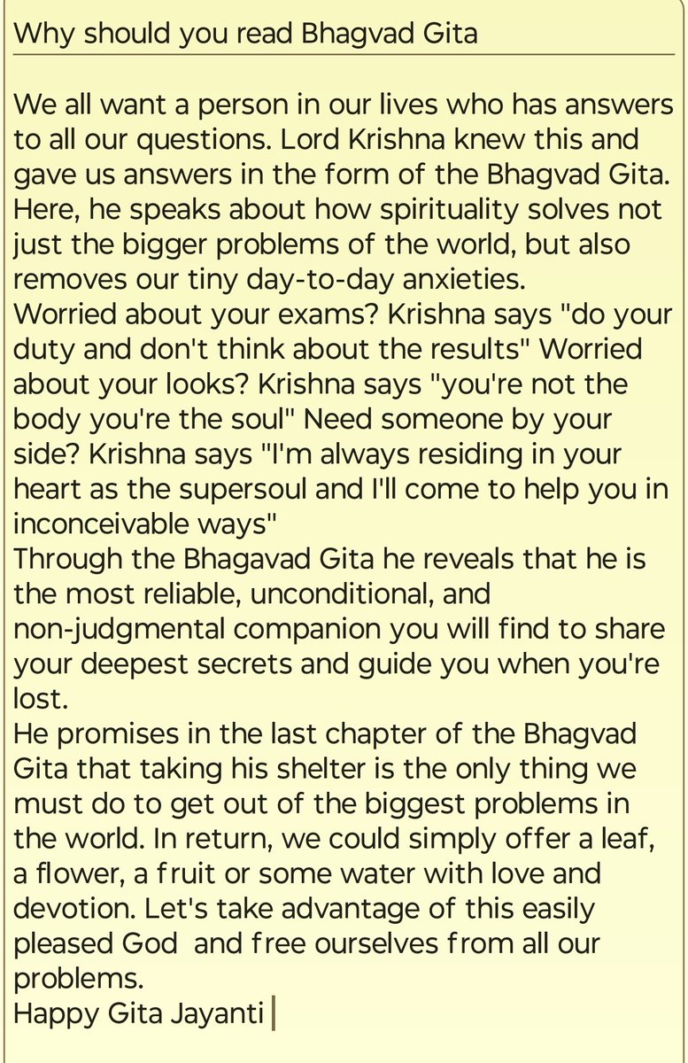 KBeesam's tweet image. Bhagvad Gita - Krishna&apos;s advice for a happy life 😊🙏
#BhagavadGitaJayanti #thesongofgod #lordkrishna #GitaJayanti2024 #gitaupadesh