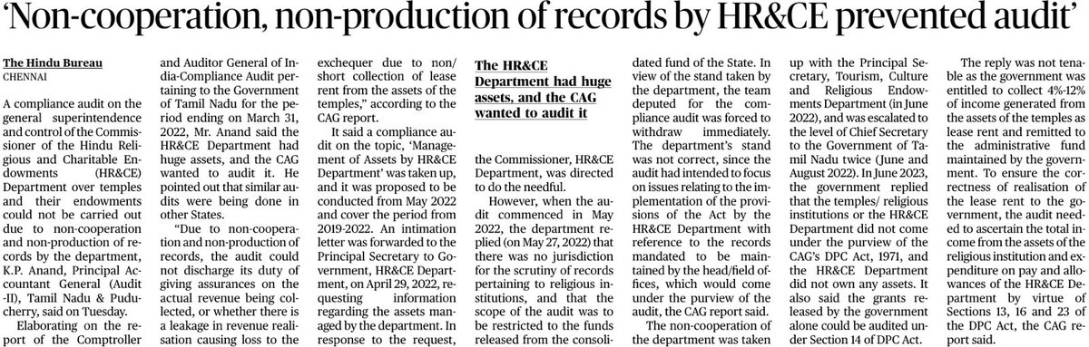 trramesh's tweet photo. The @tnhrcedept takes over Hindu Temples in Tamil Nadu  stating that  - they are being mismanaged, their properties are encroached, no fair income collected, etc. etc. 

  But when CAG wants to audit the performance of the Tamil Nadu HR&CE Department in managing temples and their properties -  the shameless department goes into a hiding.

   It refuses to provide data and reports. 

   It refuses to allow CAG to do this audit. 
   
They have a lot to hide.  If CAG does a proper audit many HR&CE officials will go to JAIL. For many years. 

   Shameless HR&CE Department - Shameless officials.