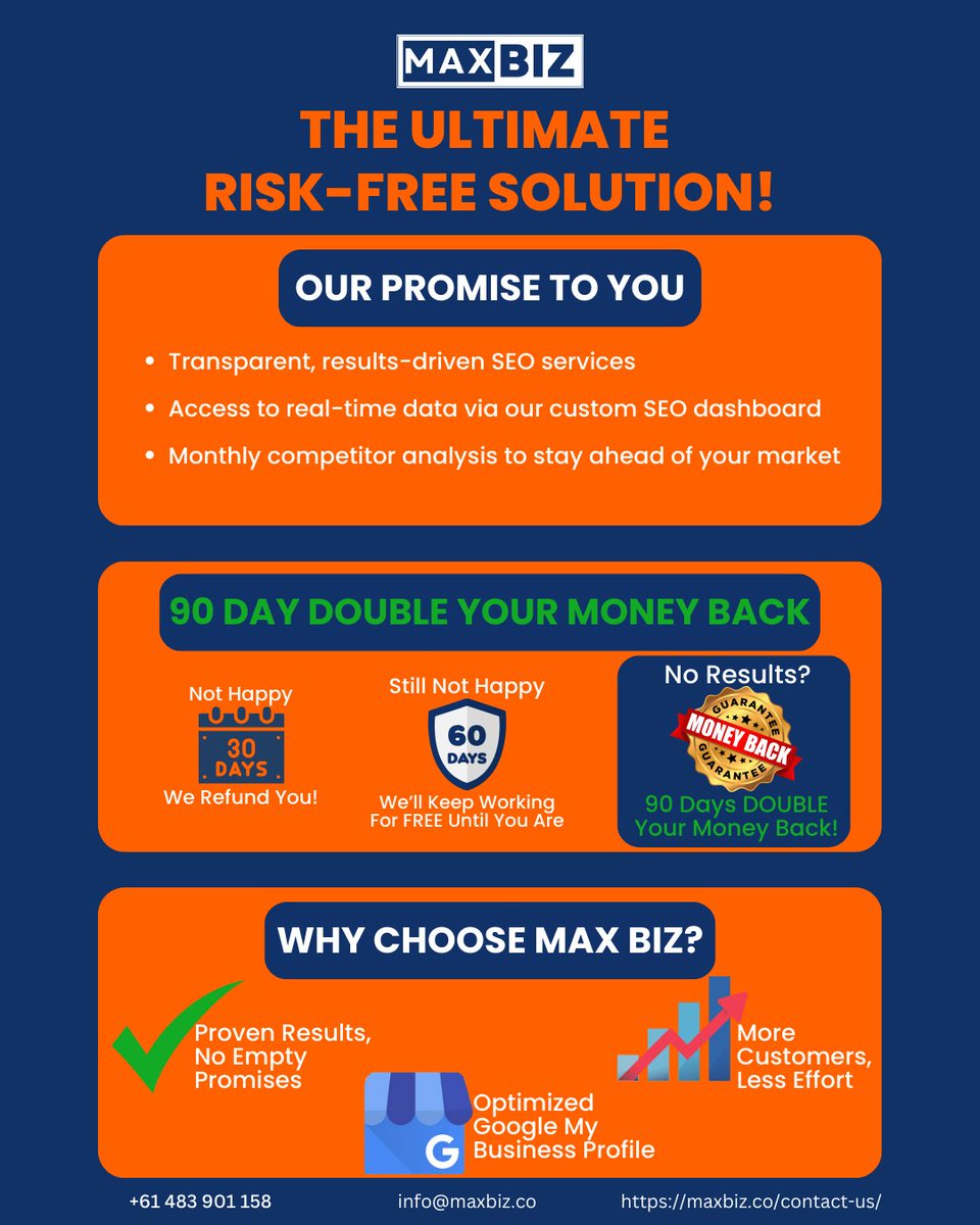 MaxBiz_SEO's tweet image. 💥 Our 90-day Double Your Money Back Guarantee means ZERO risk for you! If you don’t see results, we refund you or keep working for FREE until you do! 🚀 No empty promises, just proven results.
#MaxBiz #GuaranteedResults #RiskFree #SEO #NoRisk #BusinessGrowth