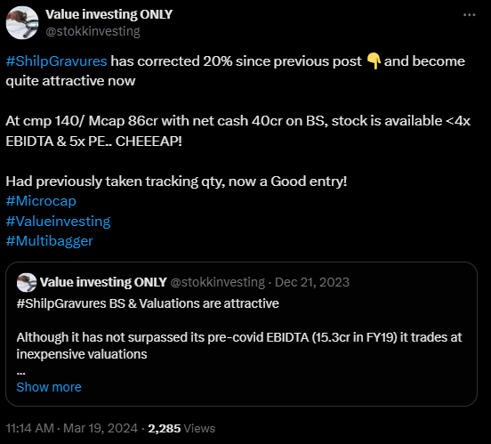 stokkinvesting's tweet image. Cheap valuation + Strong BS + Healthy prmtr hldg + Low Mcap are a very good combo for potential doublers.. if supported by growth, they can be very good #Multibagger 

Few names with such combo highlighted are #Jasch
#Fluidomat #Multibase #Shilpgravures #MunjalShowa #Indraprastha