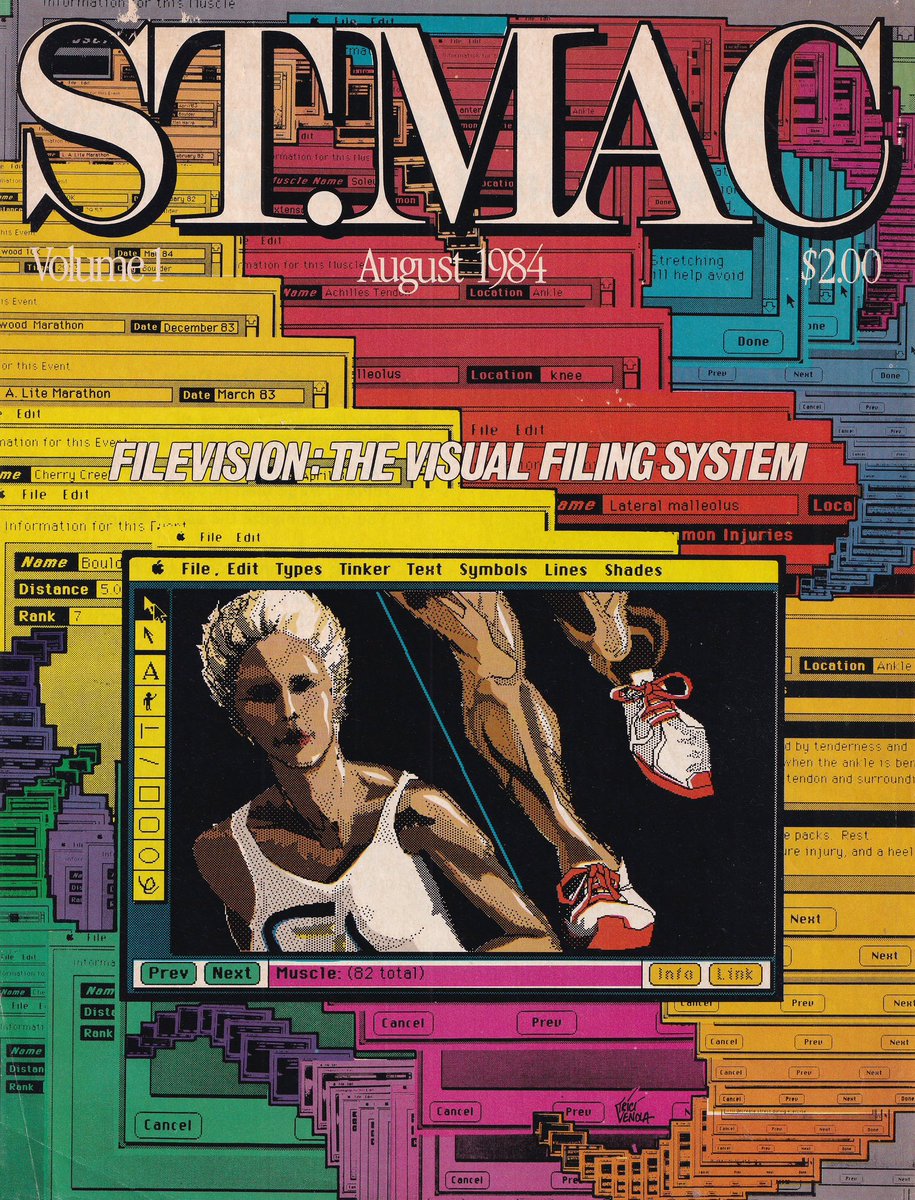 TriciVenola's tweet photo. Dawn of the Mac: they said it couldn’t be done but I drew this in Filevision in 1984 to celebrate the Ridley Scott Superbowl Commercial based on ‘1984.’ Now in LACMA’s huge computer show. #vintage #macart #digitalart #LACMA https://t.co/LauamlpGZd