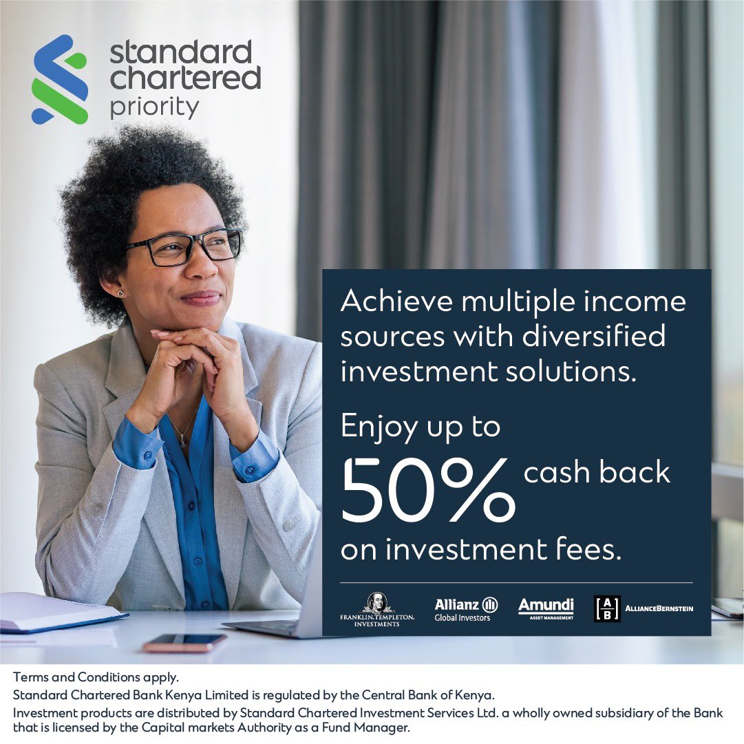 SpiceFMKE's tweet photo. Your path to financial security starts here! Build multiple income sources with diversified solutions and enjoy amazing cashback benefits.
#StandardCharteredPriority
#InvestmentGoals
#SCPriority
Achieve your goals with our expertise.
Email: wealth.kenya@sc.com
@StanChartKE https://t.co/n5HDNIud1i