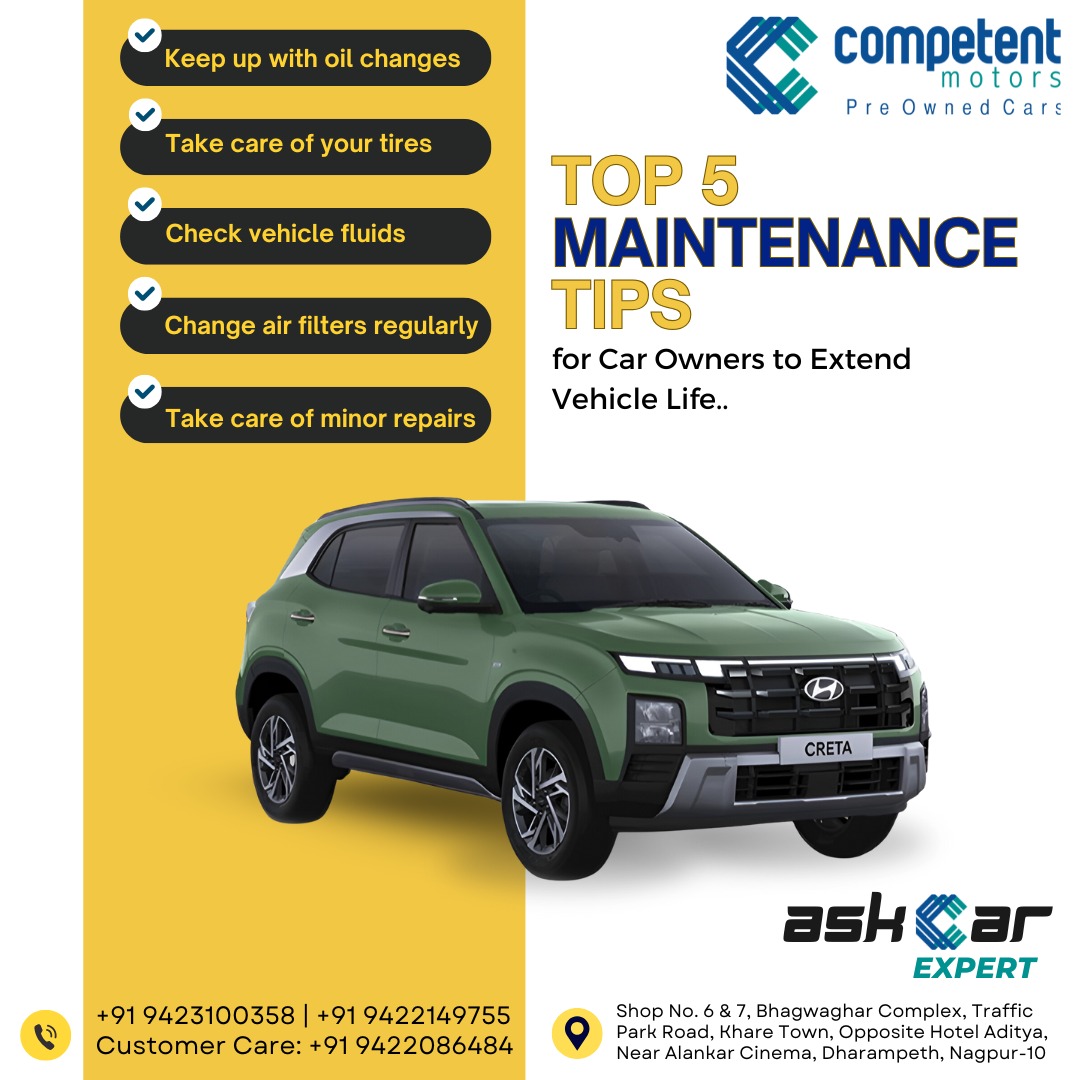 Extend the life of your vehicle with Competent Motors.
📞 +91 9423100358 | +91 9422149755
☎ Customer Care: +91 9422086484
📌Dharampeth, Nagpur-10
🌐 competentmotors.in
#CarCareTips #VehicleMaintenance #CarLovers #DriveSafe #AutoCare #CarLife #CarOwners #SmoothRide