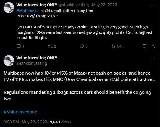 stokkinvesting's tweet image. Cheap valuation + Strong BS + Healthy prmtr hldg + Low Mcap are a very good combo for potential doublers.. if supported by growth, they can be very good #Multibagger 

Few names with such combo highlighted are #Jasch
#Fluidomat #Multibase #Shilpgravures #MunjalShowa #Indraprastha