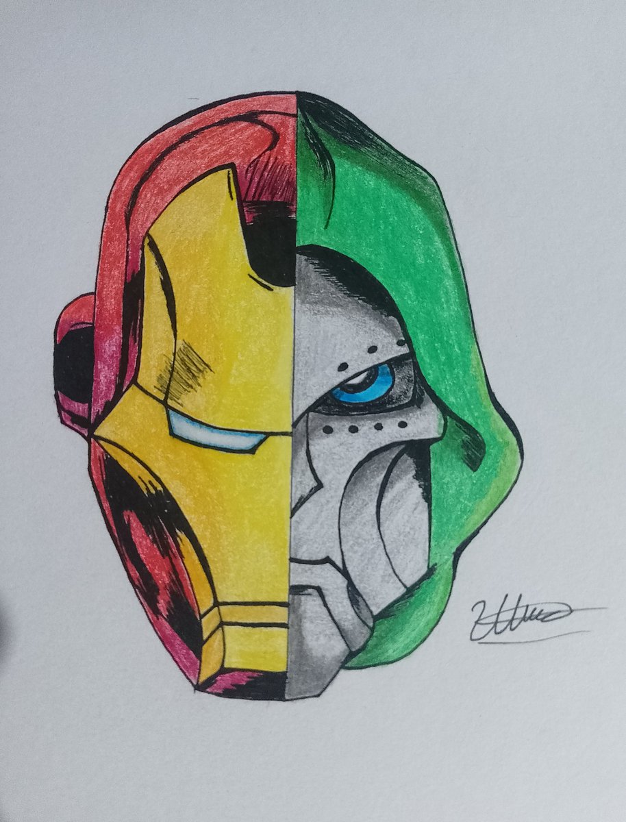 UlyssesLMoon's tweet image. In response to that, I just drew this beautiful drawing with the faces of Iron Man and Doom. @RobertDowneyJr #MarvelStudios
