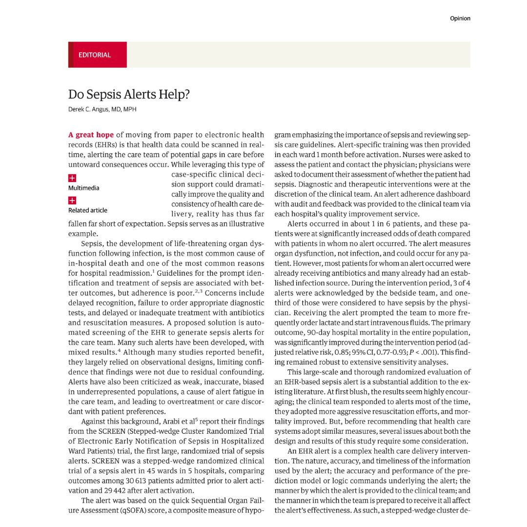 JAMA (@jama_current) on Twitter photo <a href="/CritCareReviews/">Critical Care Reviews</a> Editorial: While the SCREEN trial shows promise in using EHR-based sepsis alerts to reduce mortality, further studies are needed to understand the effectiveness and implementation of these alerts.
#CCRdownunder <a href="/CritCareReviews/">Critical Care Reviews</a>
ja.ma/3VxD5Pn <a href="/CritCareReviews/">Critical Care Reviews</a> Editorial: While the SCREEN trial shows promise in using EHR-based sepsis alerts to reduce mortality, further studies are needed to understand the effectiveness and implementation of these alerts.
#CCRdownunder <a href="/CritCareReviews/">Critical Care Reviews</a>
ja.ma/3VxD5Pn
