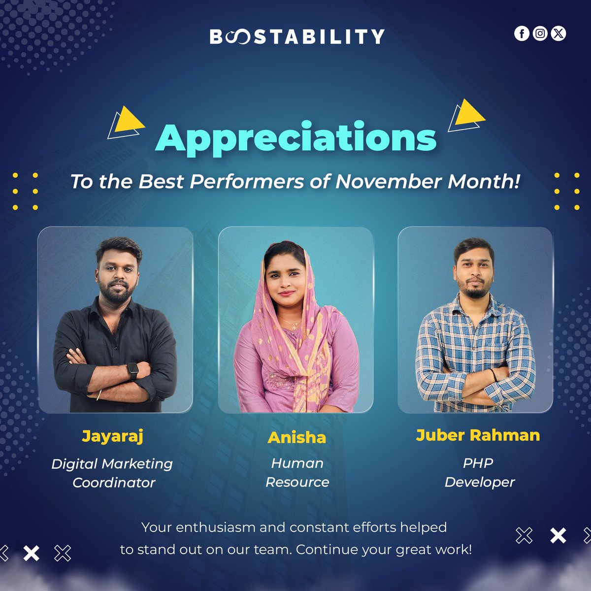 Boostabilitycbe's tweet image. Happy to congratulate the top performers of our team. Your determination and responsibilities have made you stand out as the best performers. Keep achieving and reach great heights!

#Teamplayers #Novemeber2024 #Appreciationpost #Topperformance #Dedicatedemployees #Bestperformers