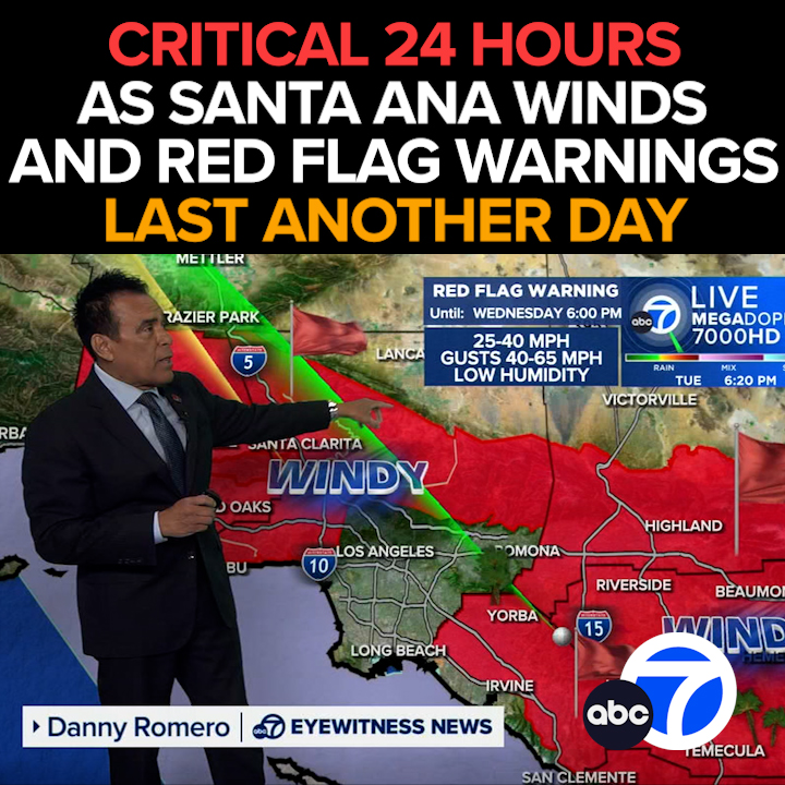 ABC7's tweet photo. The dangerously dry and windy conditions across the Southland aren't done yet. The next 24 hours could be critical before a major change in the weather later in the week. Meteorologist @ABC7Danny is live with the 7-day forecast. Tonight at 11 from ABC7. https://t.co/bm0PrZfc3p https://t.co/F7qC6IZKpl