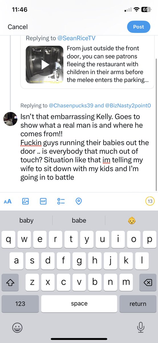 Olsen12's tweet photo. @Chasenpucks39 @BizNasty2point0 Isn’t that embarrassing Kelly. Goes to show what a real man is and where he comes from!! 
Fuckin guys running their babies out the door .. is everybody that much out of touch? Situation like that im telling my wife to sit down with my kids and I’m going in to battle https://t.co/WrVfQ4on2d