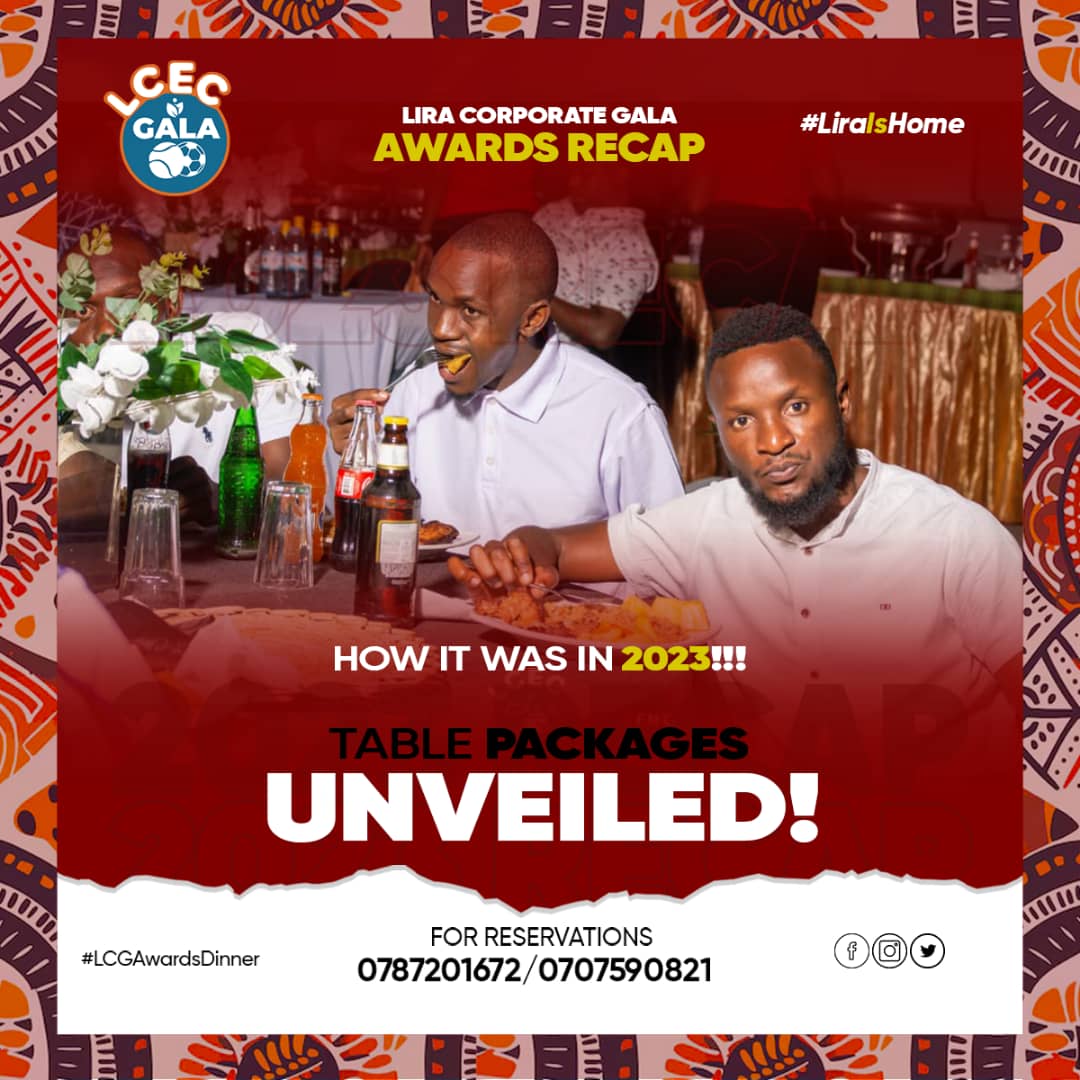 Enjoy a night of excellence with yummy food, a live band, awards, and surprise artists all lined up for *Lira Corporate Gala Awards Dinner 2024*.
VENUE: Lira City Gardens
Book your table now! 
A table of 8 goes 4 just 450k. Call 0787201672 to secure the slot
#Liracityelitesclub