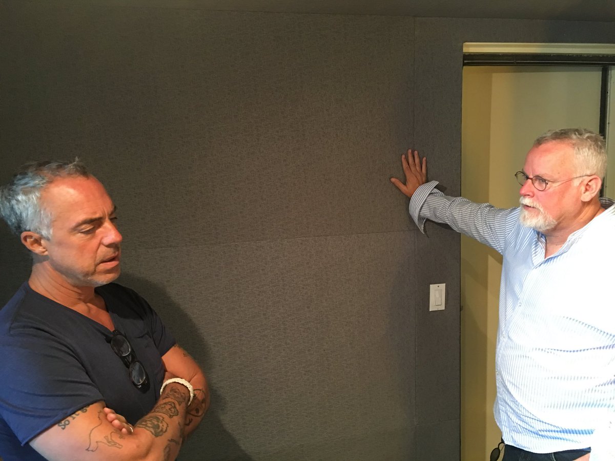 Author Michael Connelly and Titus Welliver in the recording studio in 2018.  Icons.