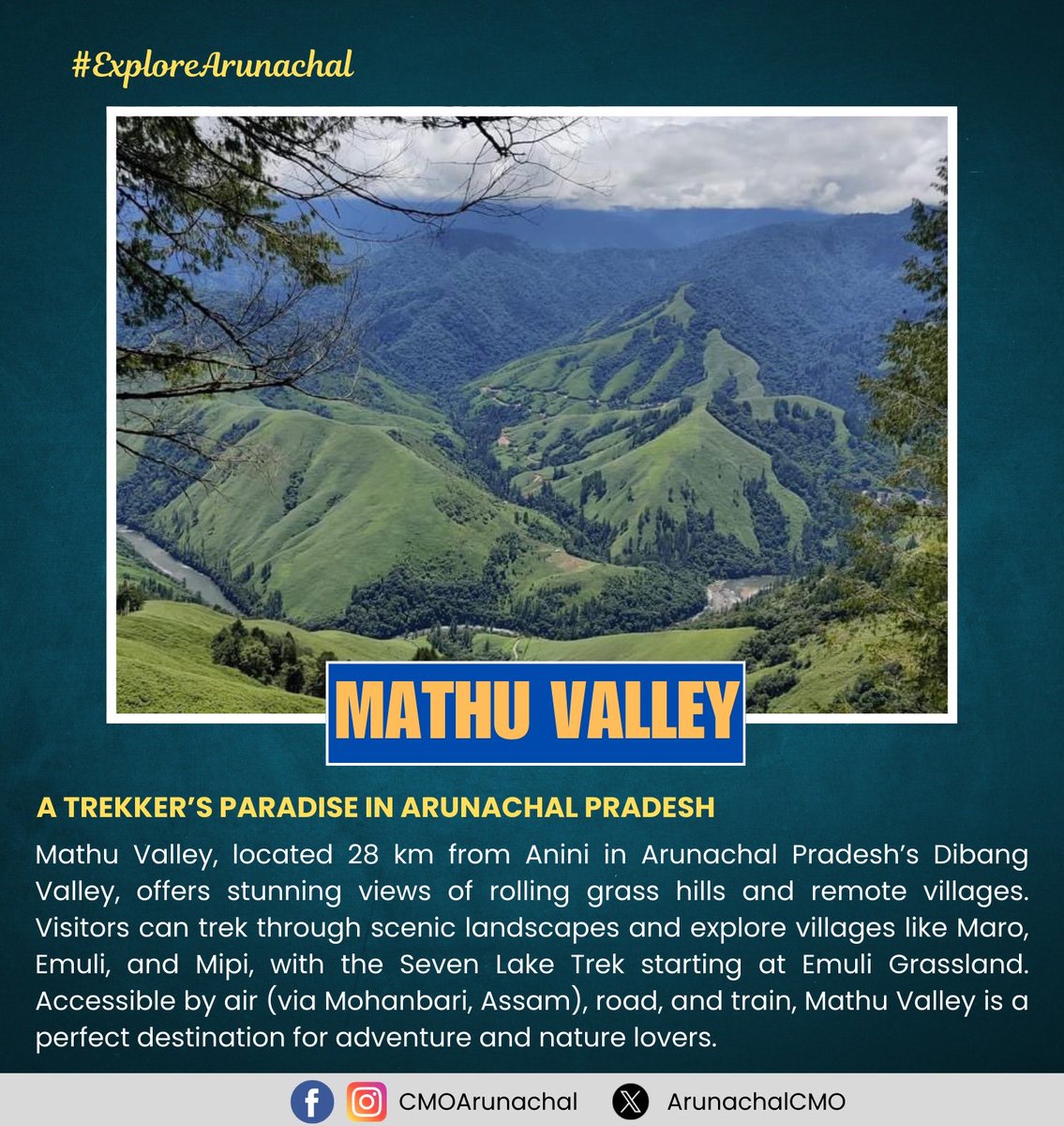 ArunachalCMO's tweet photo. Mathu Valley, a breathtaking haven in Dibang Valley, Arunachal Pradesh, invites you to experience its serene landscapes, remote villages, and stunning treks. Embrace nature’s beauty like never before! #MathuValley #NatureLovers #ExploreArunachal https://t.co/k2end5nx5U