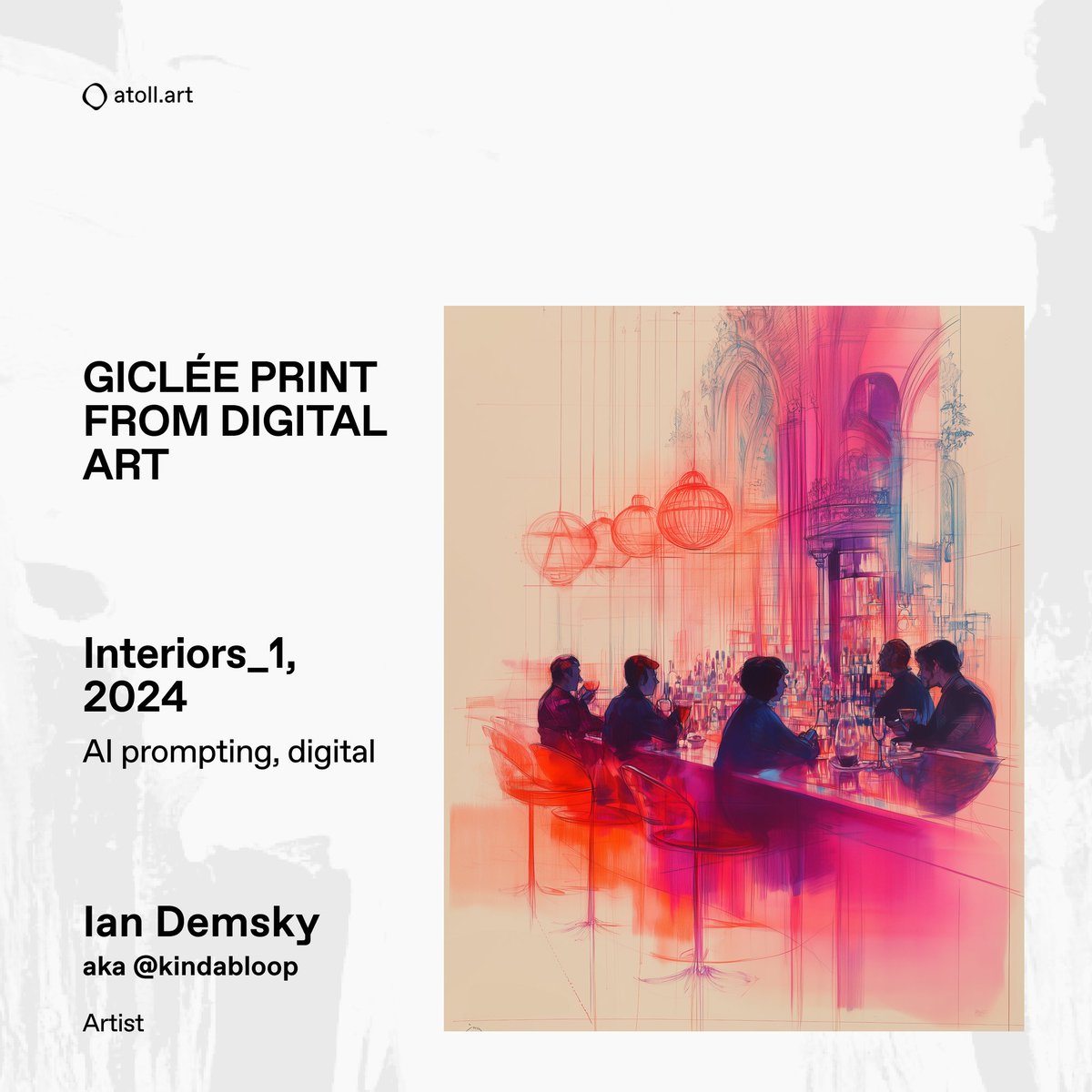 Now available in paper and canvas print - the vibrant and imaginative digital artworks by @kindabloop!

"Interiors_1" (2024) abstractly illustrates the inside of an upscale bar filled with faceless customers using bold, saturated colors, creating an unforgettable ambiance.