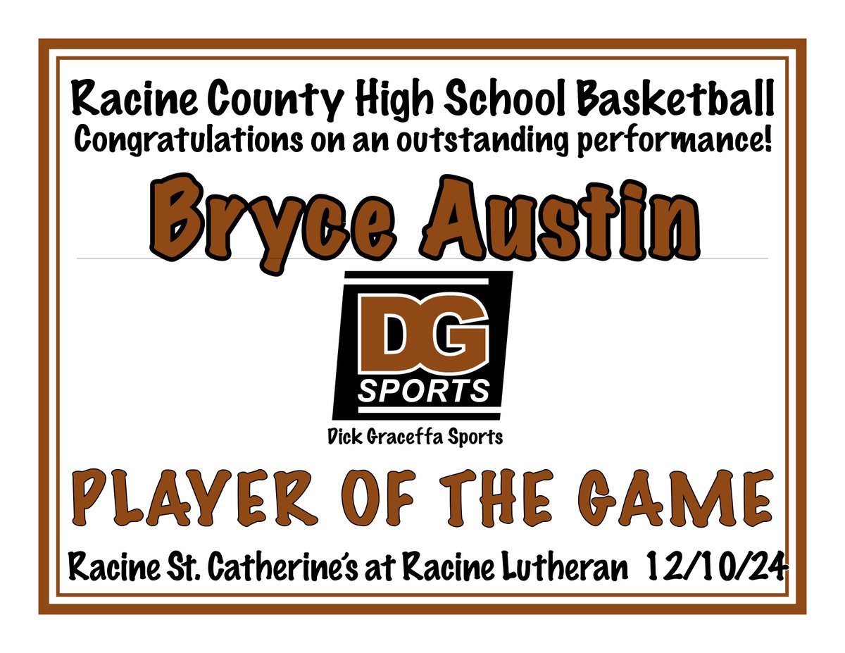 DickGraceffa's tweet photo. Congratulations Racine Lutheran Crusader Bryce Austin, our DG Sports Player of the Game tonight! #wisbb @scorestream @PrepHoops_WI @MaxPreps  @rlhscrusader @rlhscrusader @RLHSAthletics  @HooperBryce7 @MetroClassic1 https://t.co/0CbLGb2amt